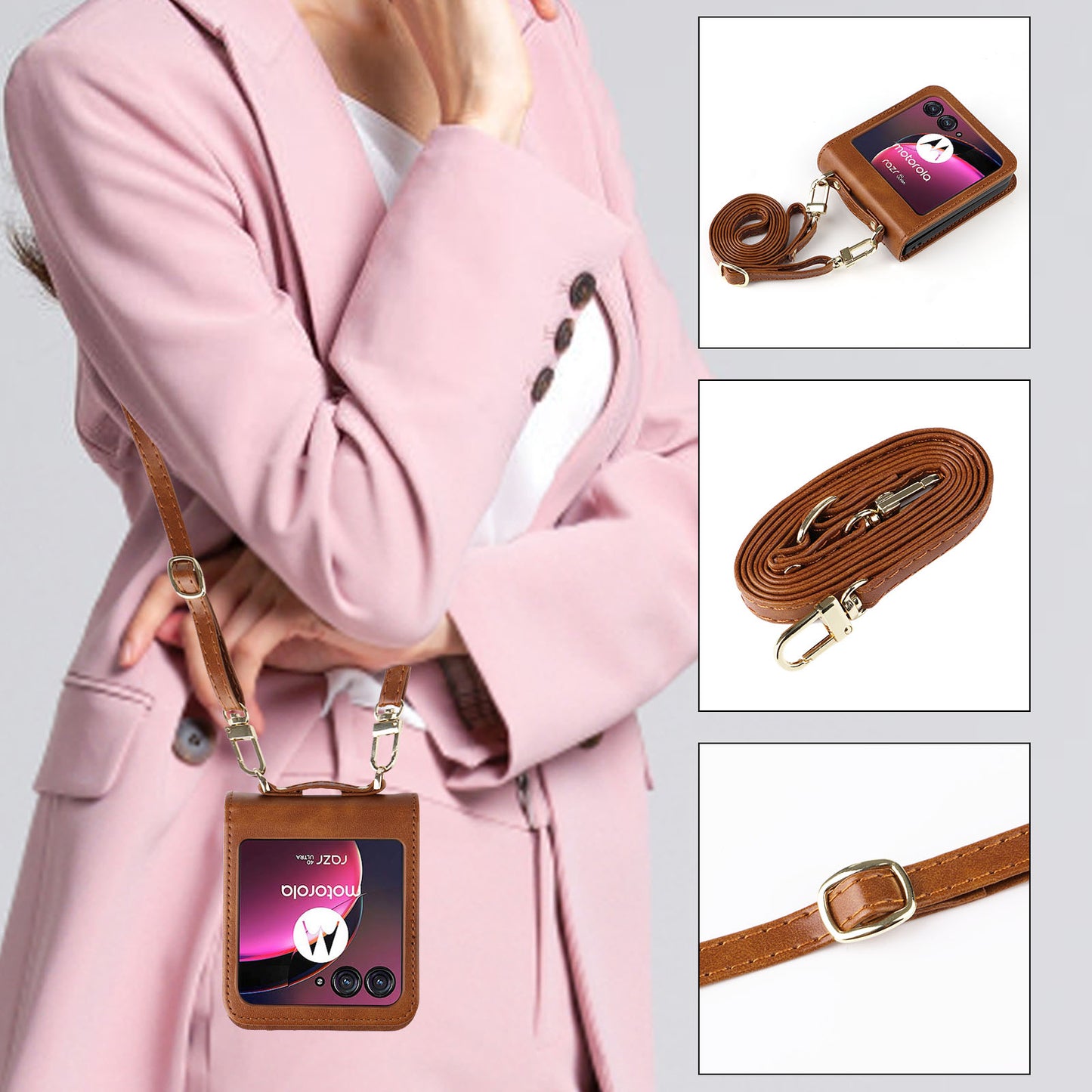 for Motorola Razr 40 Ultra 5G Hard PC + PU Leather Cover One-piece Design Card Slots Phone Case with Lanyard - Brown