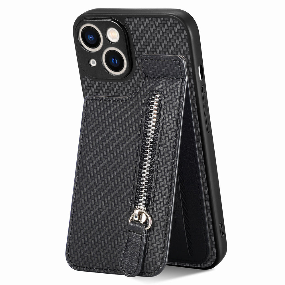 Zipper Pocket Phone Case for iPhone 15 , Vertical Kickstand Carbon Fiber Leather+PC+TPU Cover - Black