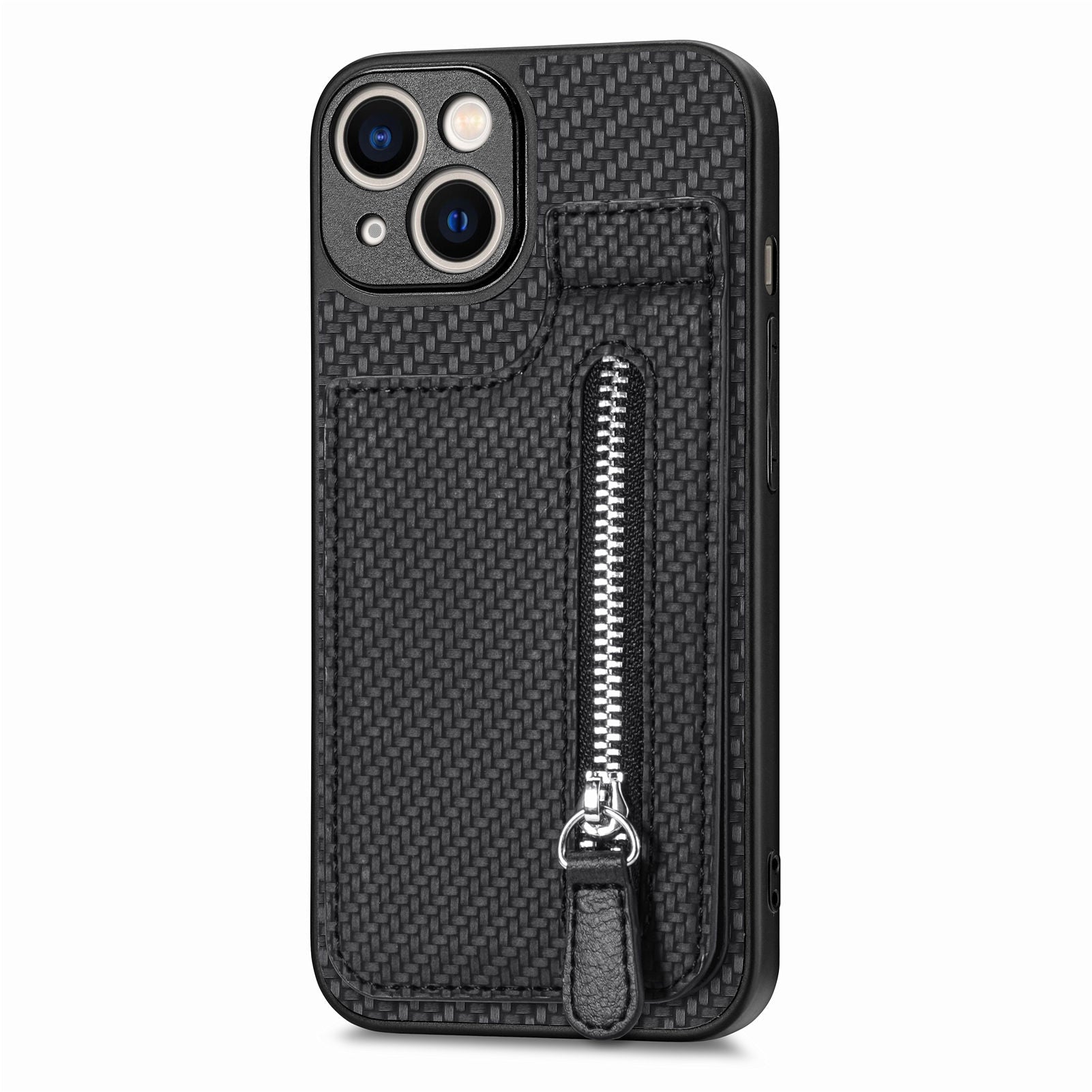 Zipper Pocket Phone Case for iPhone 15 , Vertical Kickstand Carbon Fiber Leather+PC+TPU Cover - Black