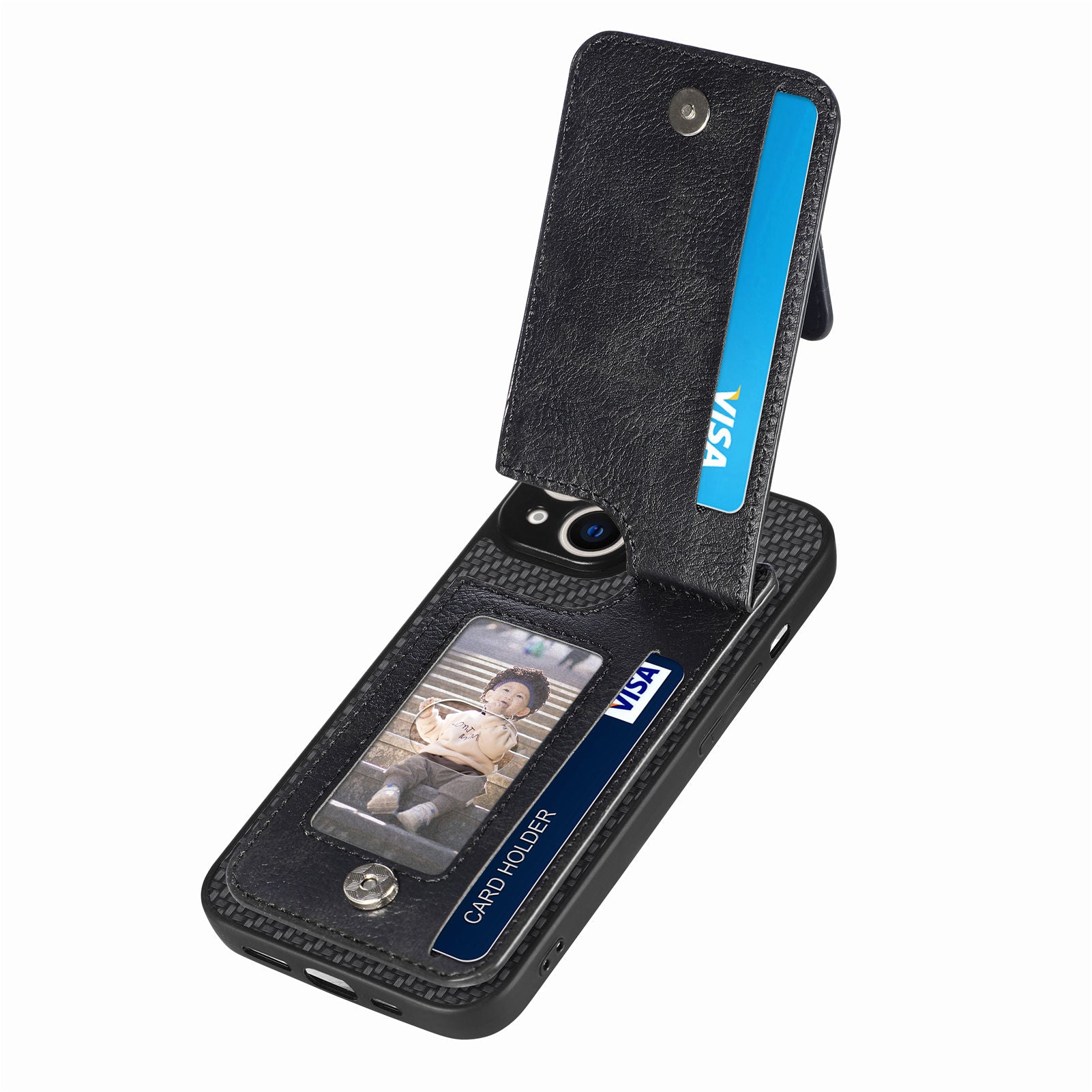Zipper Pocket Phone Case for iPhone 15 , Vertical Kickstand Carbon Fiber Leather+PC+TPU Cover - Black