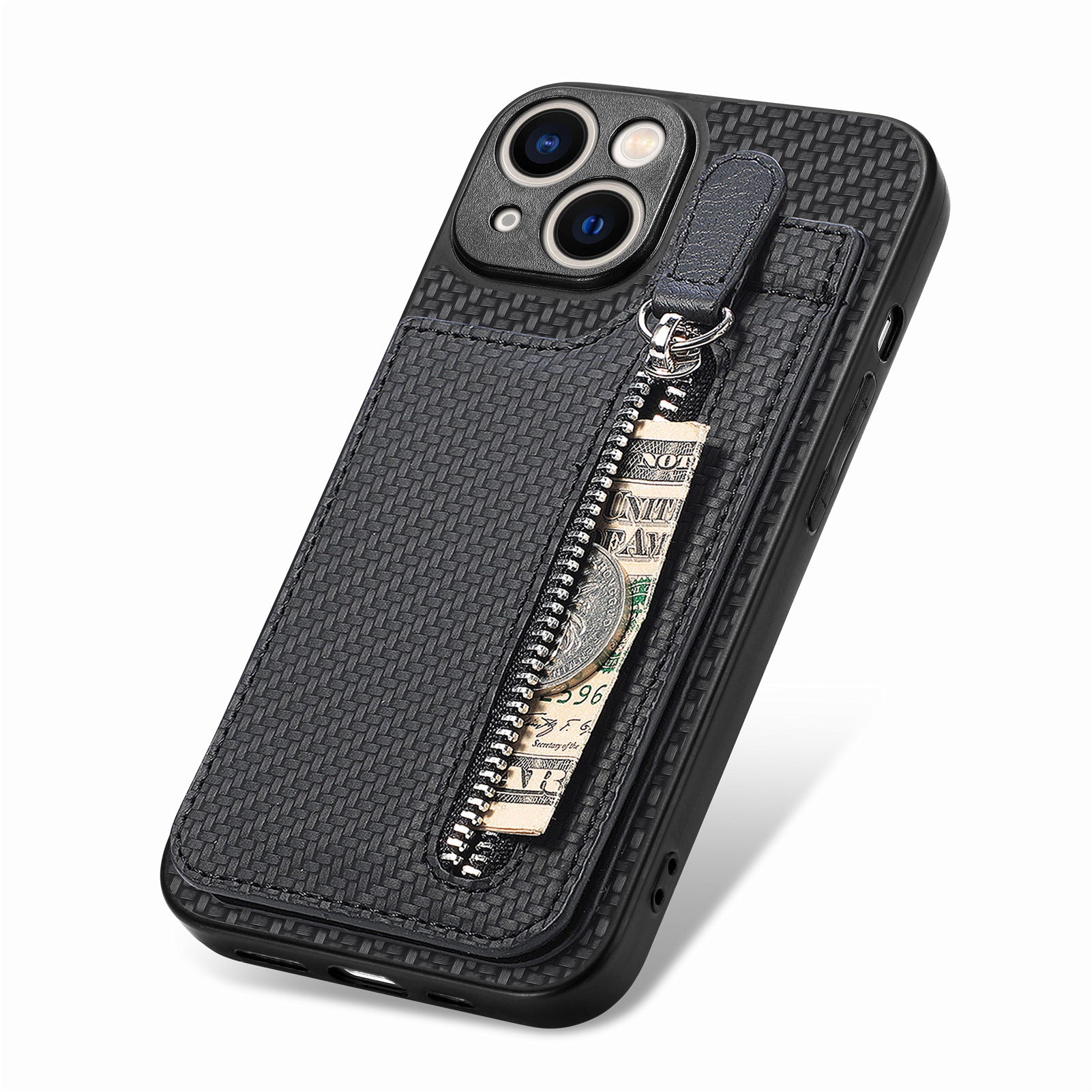 Zipper Pocket Phone Case for iPhone 15 , Vertical Kickstand Carbon Fiber Leather+PC+TPU Cover - Black