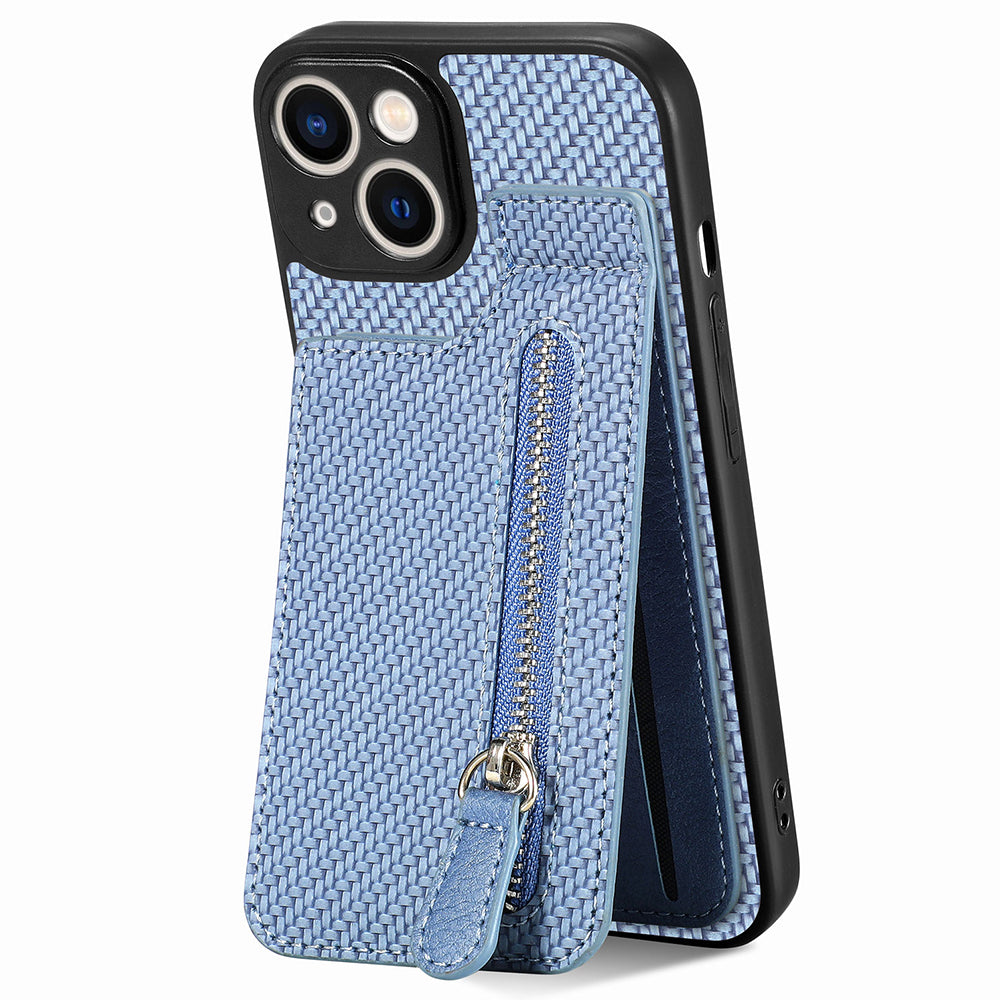 Zipper Pocket Phone Case for iPhone 15 , Vertical Kickstand Carbon Fiber Leather+PC+TPU Cover - Blue