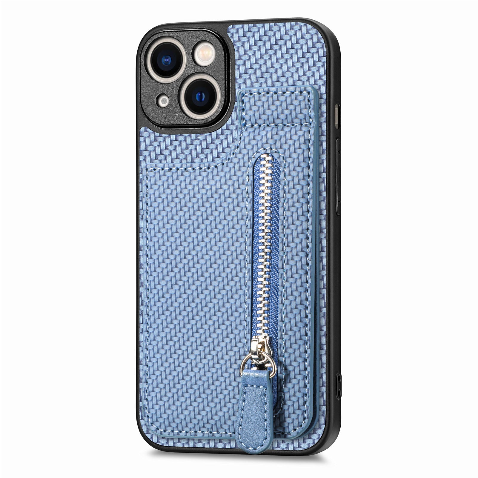 Zipper Pocket Phone Case for iPhone 15 , Vertical Kickstand Carbon Fiber Leather+PC+TPU Cover - Blue