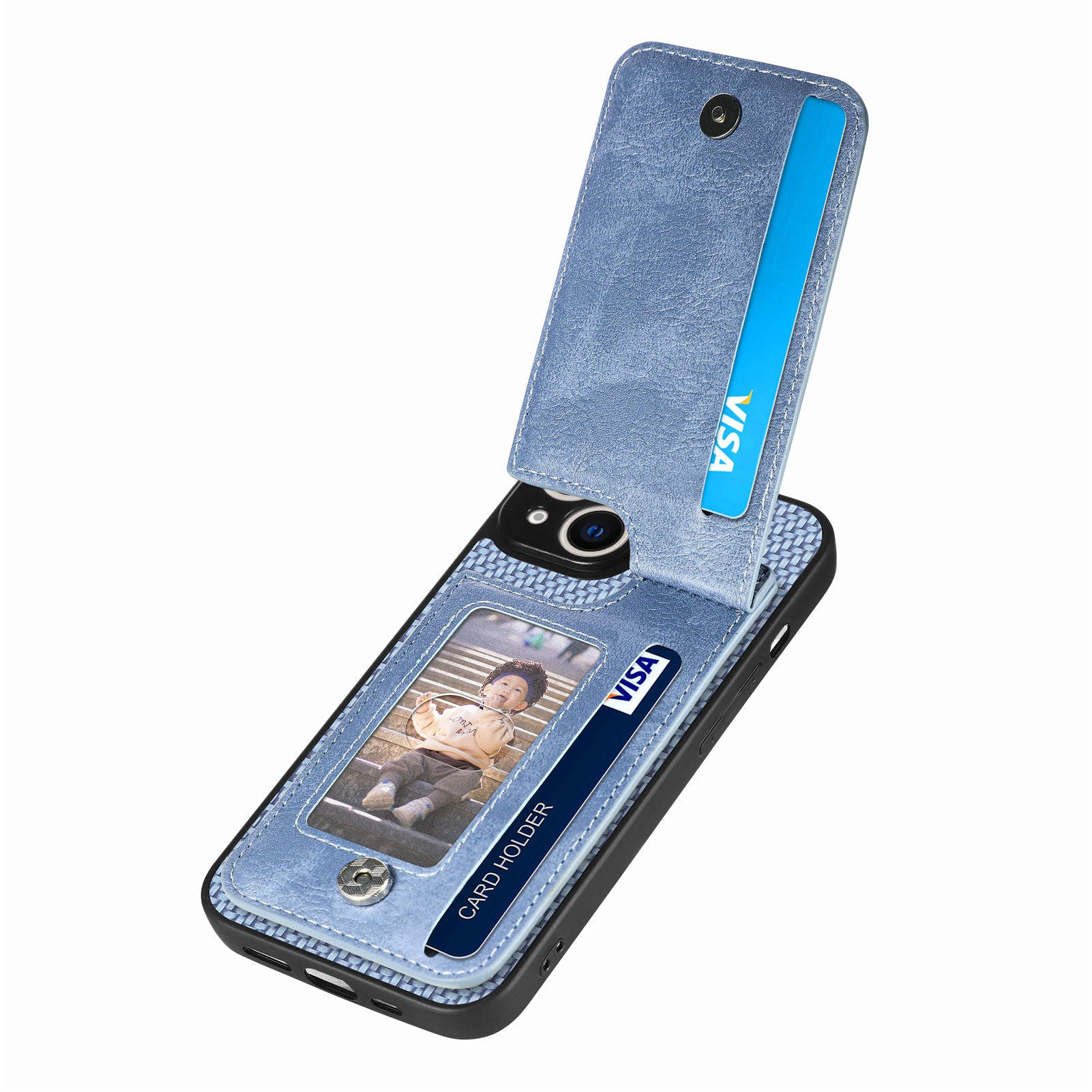 Zipper Pocket Phone Case for iPhone 15 , Vertical Kickstand Carbon Fiber Leather+PC+TPU Cover - Blue