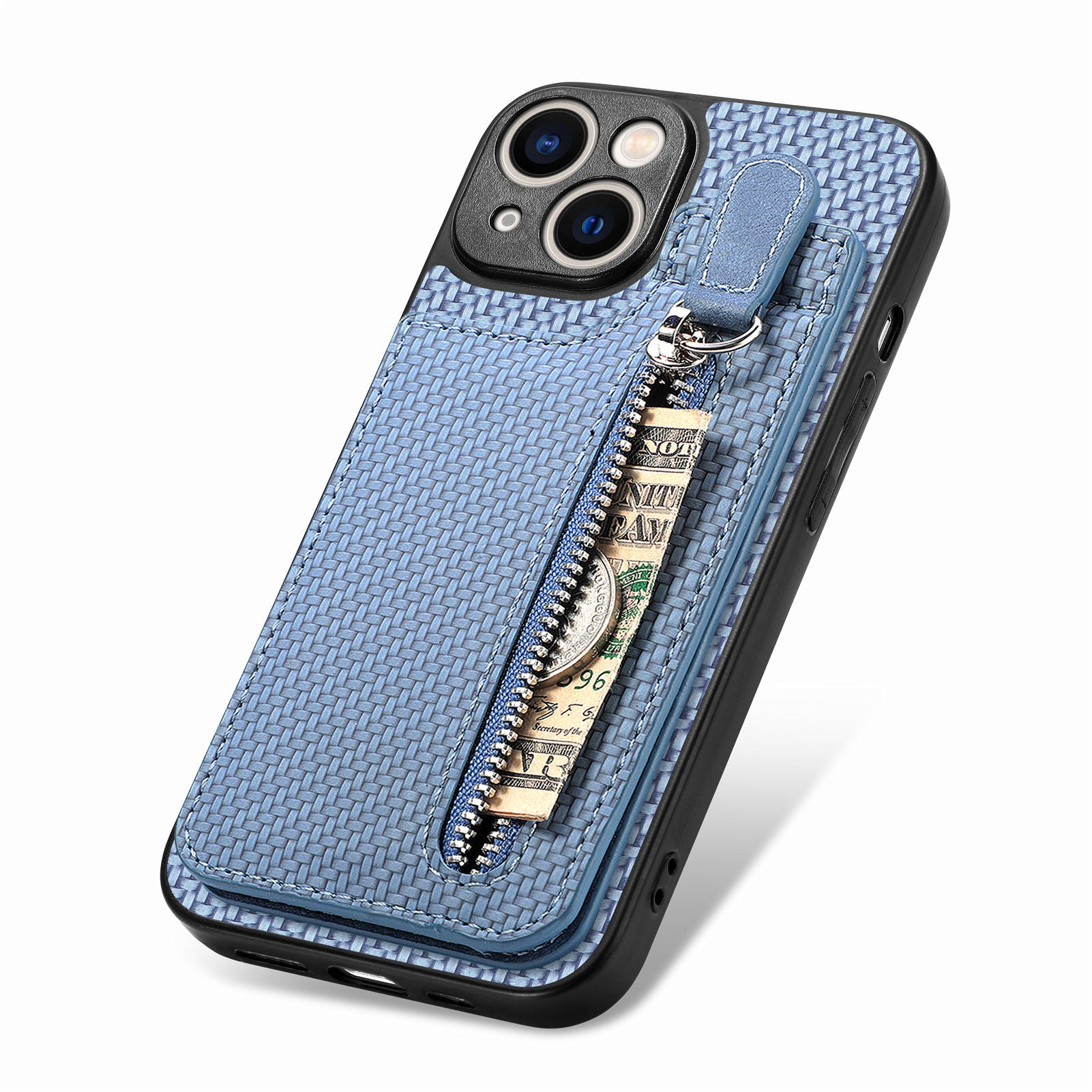 Zipper Pocket Phone Case for iPhone 15 , Vertical Kickstand Carbon Fiber Leather+PC+TPU Cover - Blue