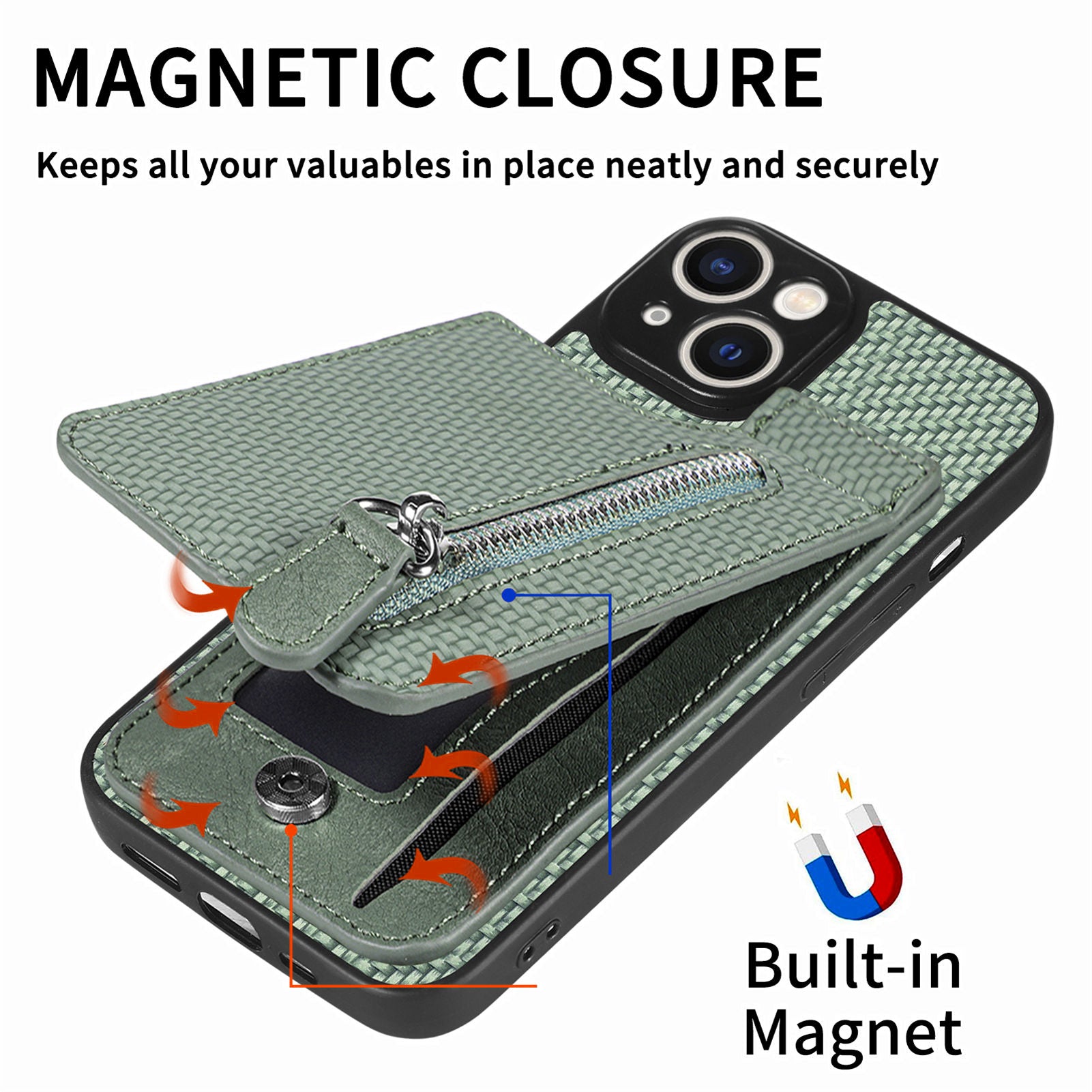 Zipper Pocket Phone Case for iPhone 15 , Vertical Kickstand Carbon Fiber Leather+PC+TPU Cover - Blue