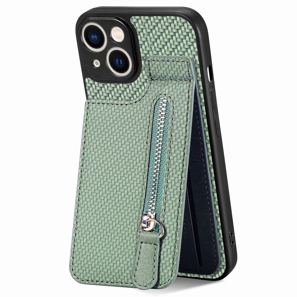 Zipper Pocket Phone Case for iPhone 15 , Vertical Kickstand Carbon Fiber Leather+PC+TPU Cover - Green