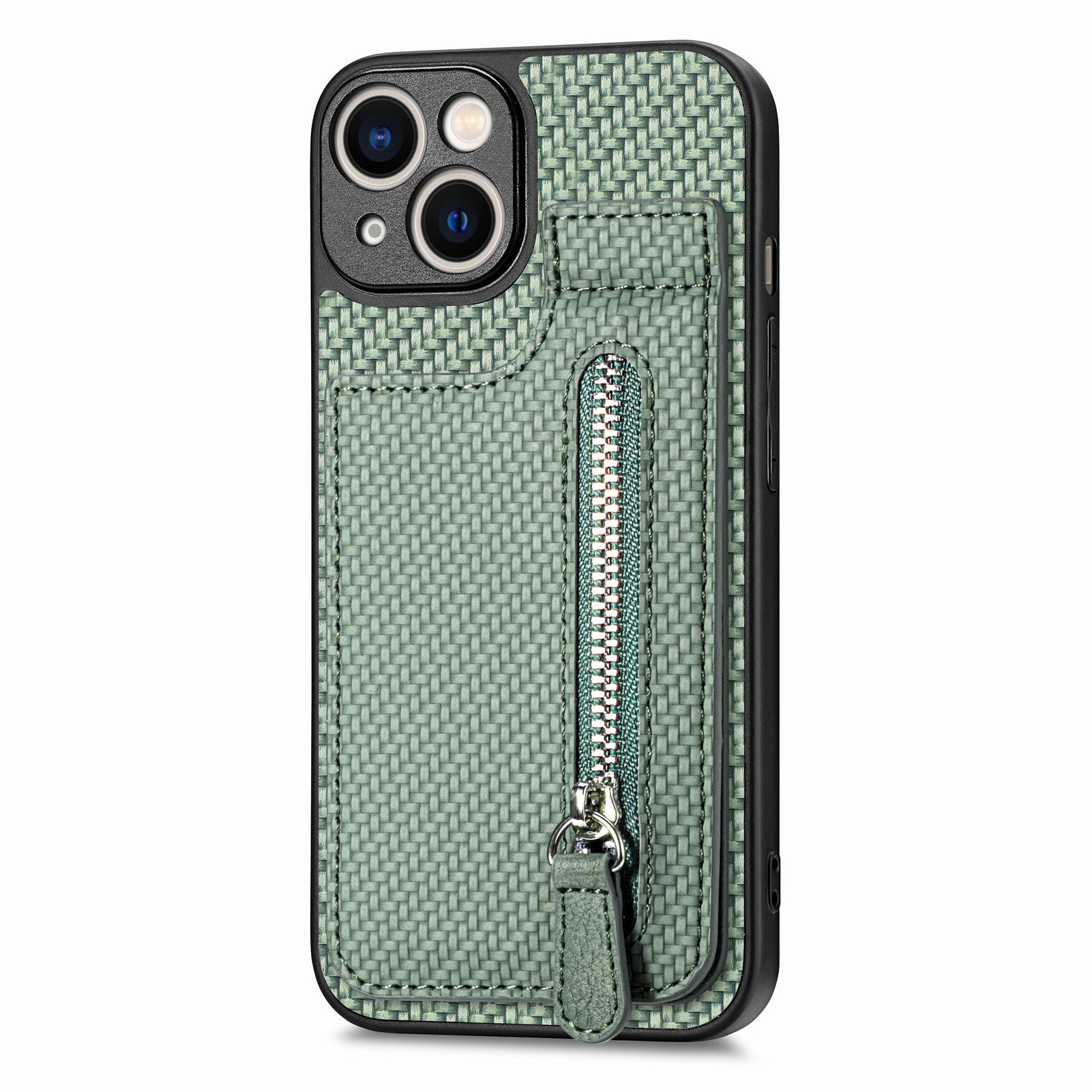 Zipper Pocket Phone Case for iPhone 15 , Vertical Kickstand Carbon Fiber Leather+PC+TPU Cover - Green