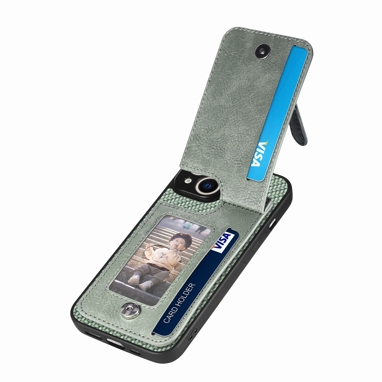 Zipper Pocket Phone Case for iPhone 15 , Vertical Kickstand Carbon Fiber Leather+PC+TPU Cover - Green