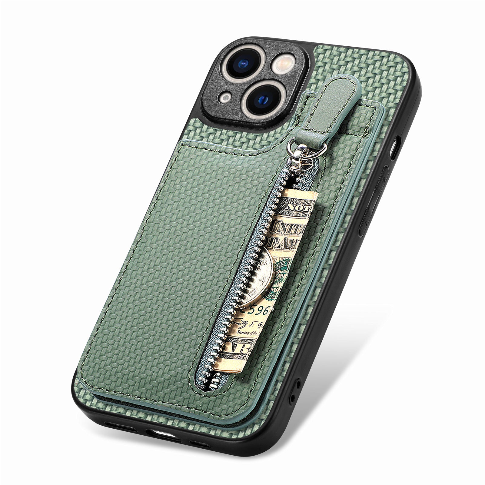 Zipper Pocket Phone Case for iPhone 15 , Vertical Kickstand Carbon Fiber Leather+PC+TPU Cover - Green