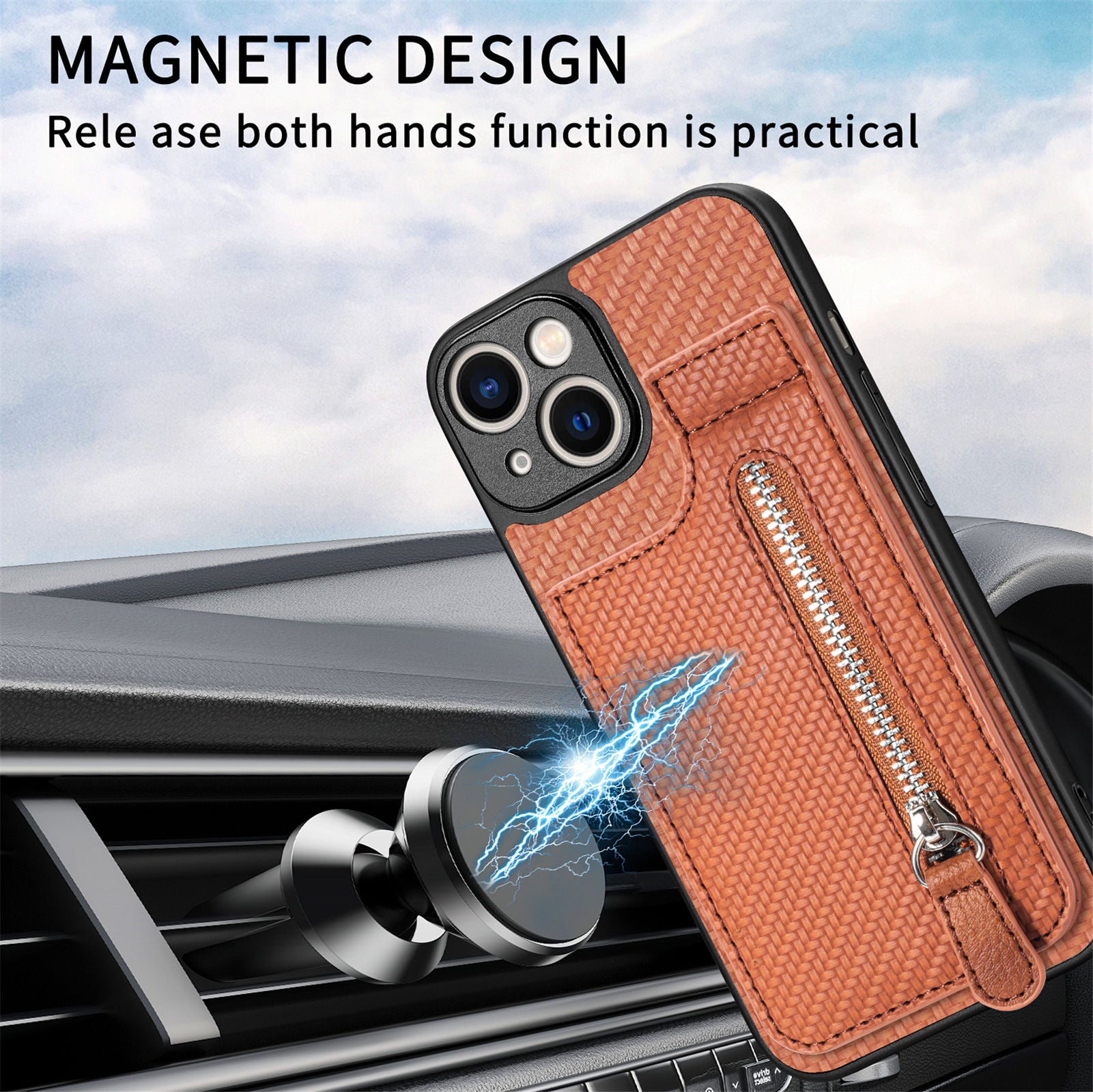 Zipper Pocket Phone Case for iPhone 15 , Vertical Kickstand Carbon Fiber Leather+PC+TPU Cover - Green