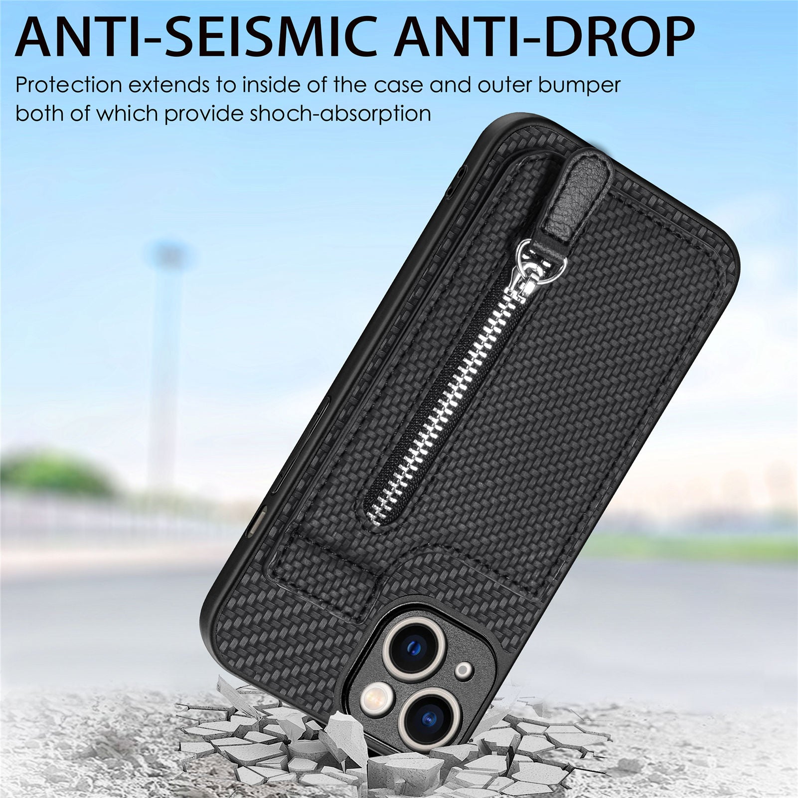 Zipper Pocket Phone Case for iPhone 15 , Vertical Kickstand Carbon Fiber Leather+PC+TPU Cover - Green