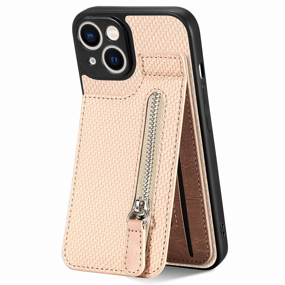 Zipper Pocket Phone Case for iPhone 15 , Vertical Kickstand Carbon Fiber Leather+PC+TPU Cover - Apricot