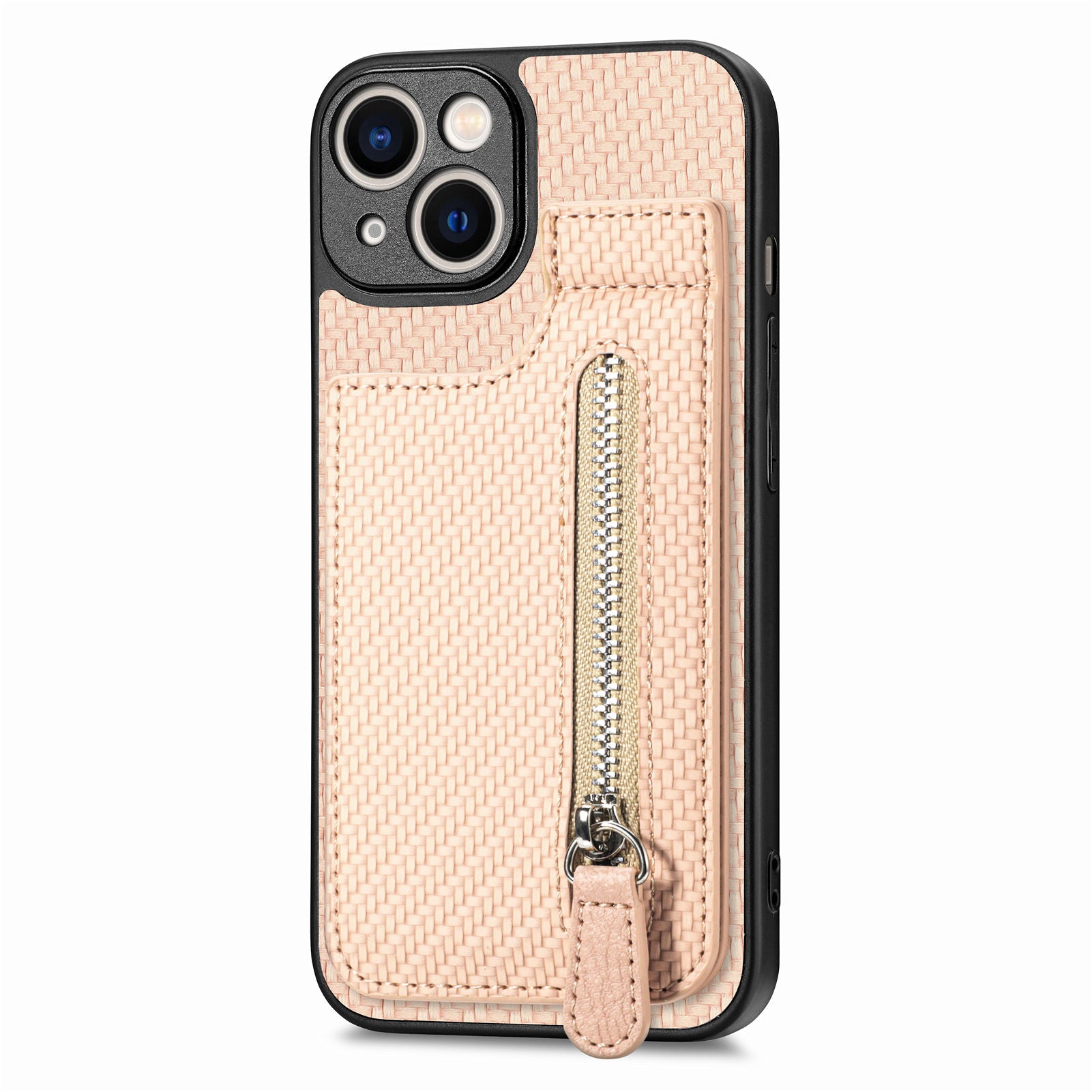 Zipper Pocket Phone Case for iPhone 15 , Vertical Kickstand Carbon Fiber Leather+PC+TPU Cover - Apricot