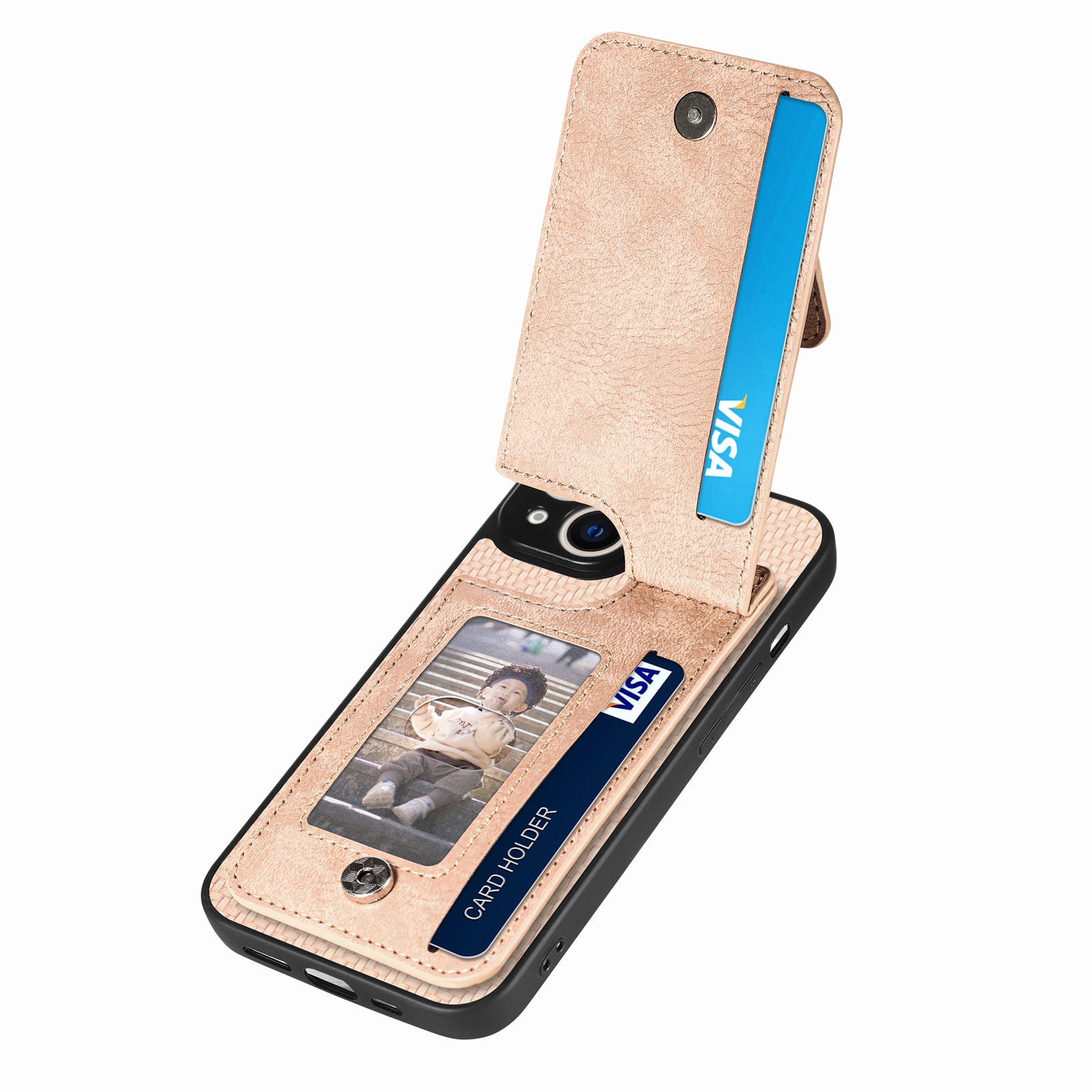 Zipper Pocket Phone Case for iPhone 15 , Vertical Kickstand Carbon Fiber Leather+PC+TPU Cover - Apricot
