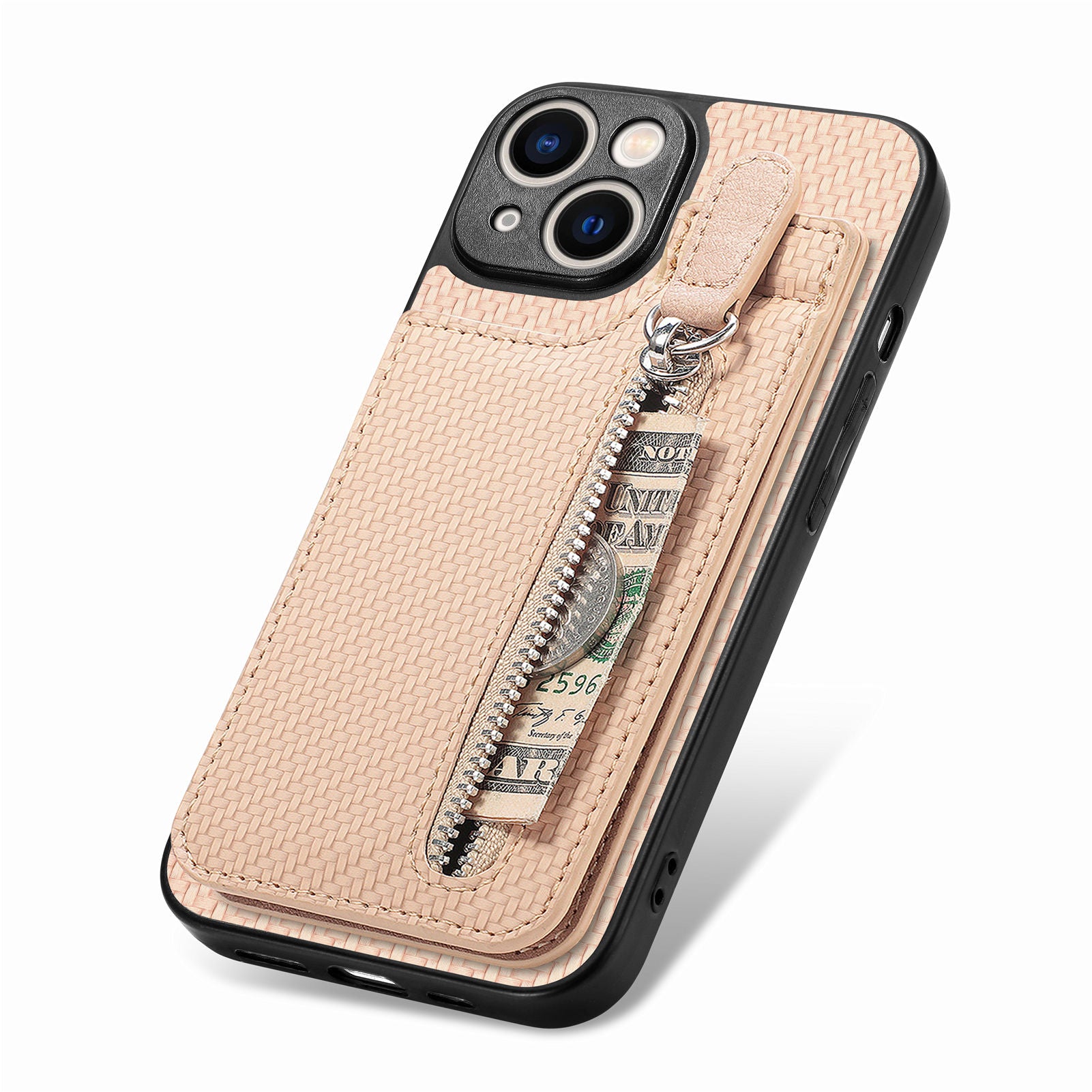Zipper Pocket Phone Case for iPhone 15 , Vertical Kickstand Carbon Fiber Leather+PC+TPU Cover - Apricot