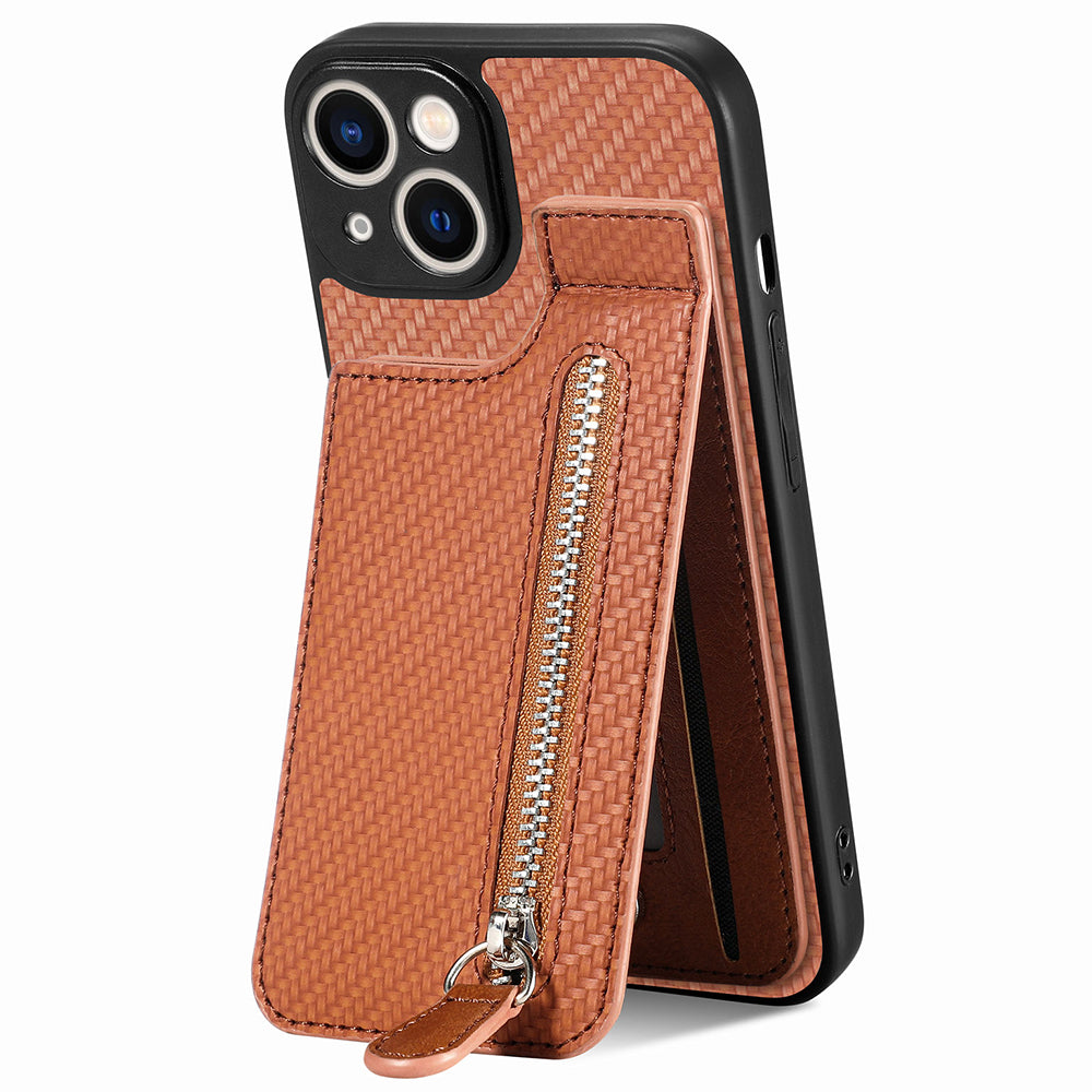 Zipper Pocket Phone Case for iPhone 15 , Vertical Kickstand Carbon Fiber Leather+PC+TPU Cover - Brown