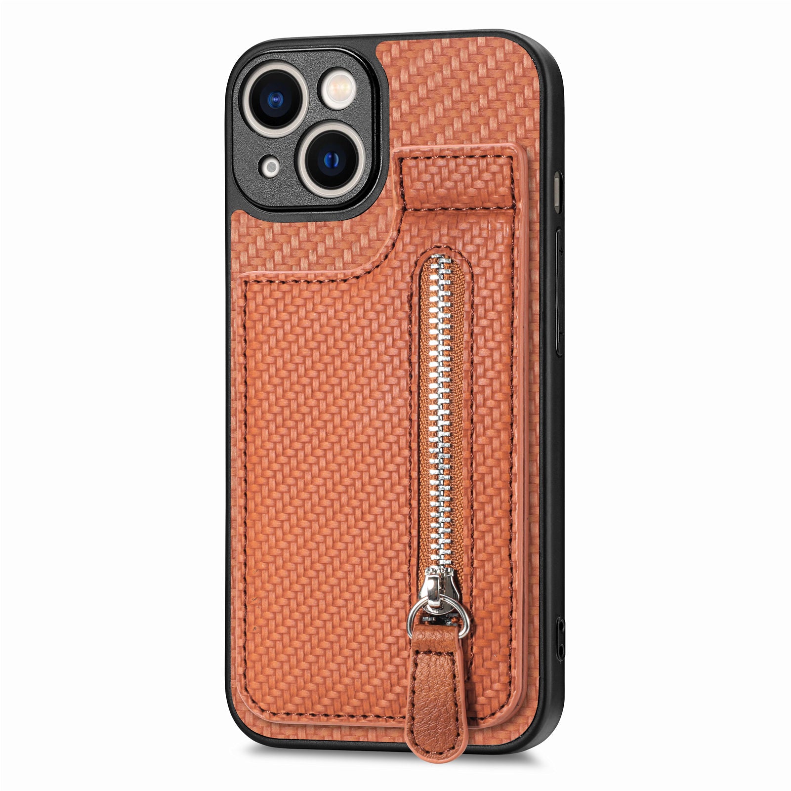 Zipper Pocket Phone Case for iPhone 15 , Vertical Kickstand Carbon Fiber Leather+PC+TPU Cover - Brown