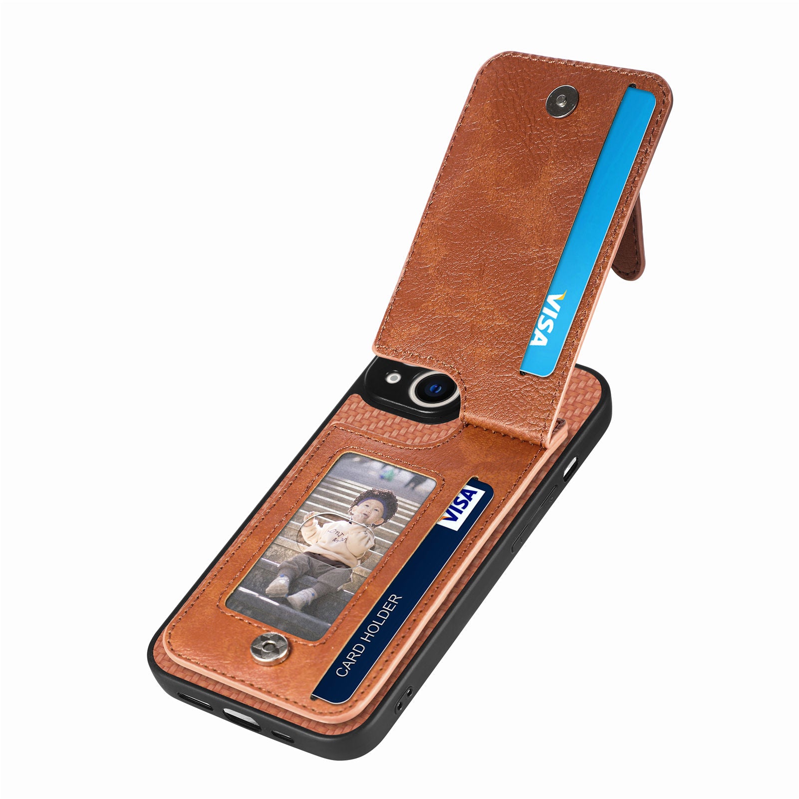 Zipper Pocket Phone Case for iPhone 15 , Vertical Kickstand Carbon Fiber Leather+PC+TPU Cover - Brown