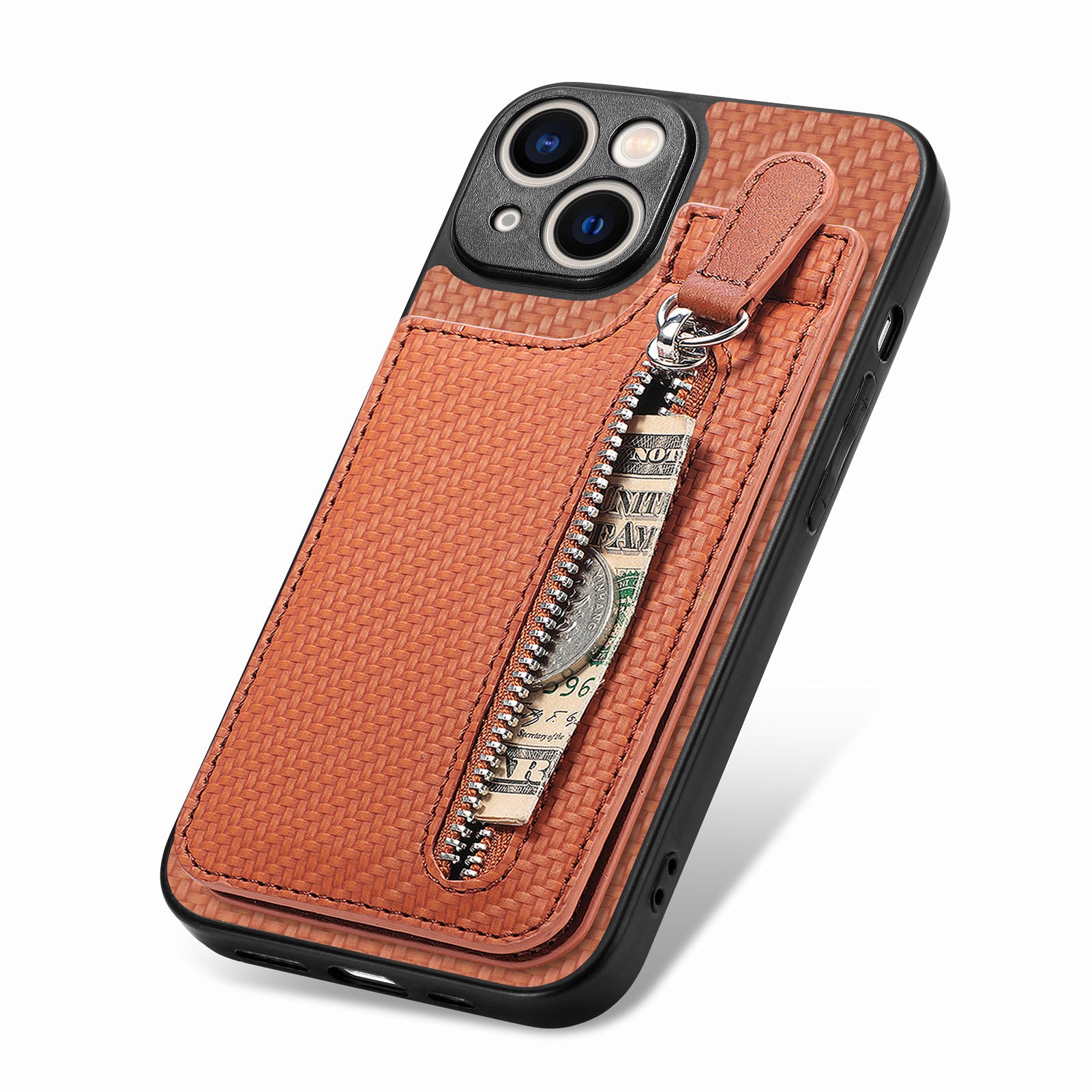 Zipper Pocket Phone Case for iPhone 15 , Vertical Kickstand Carbon Fiber Leather+PC+TPU Cover - Brown
