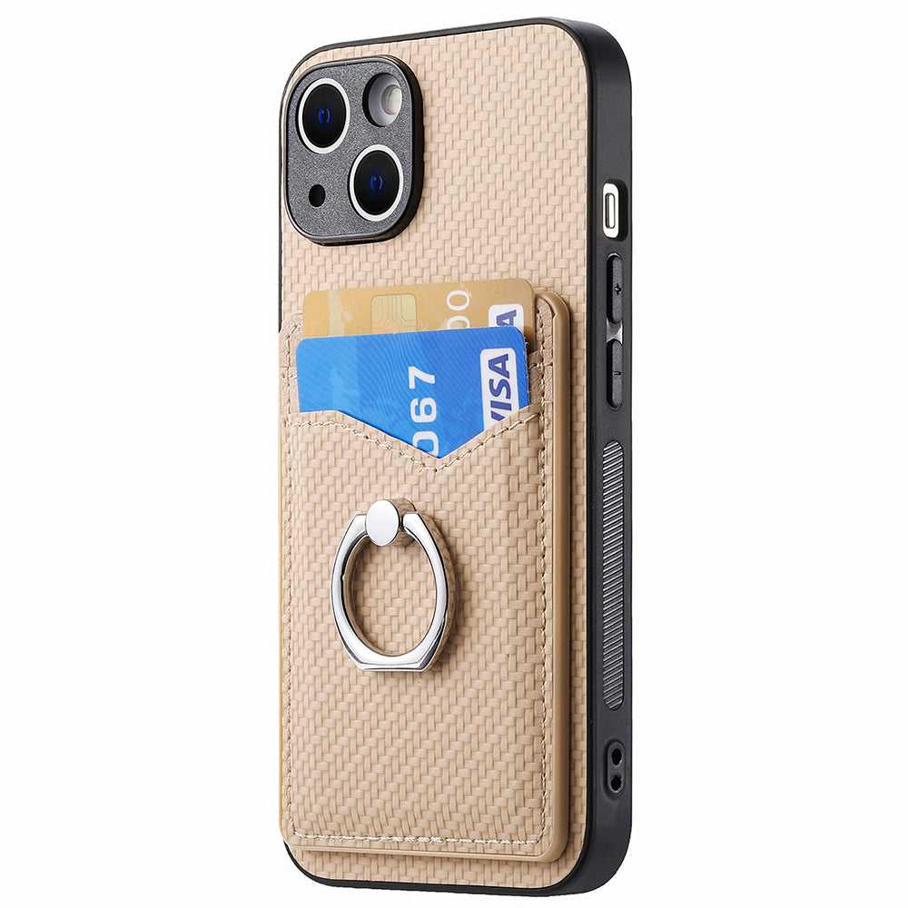 Cellphone Cover for iPhone 15 , Card Holder Carbon Fiber Texture PU Leather+PC+TPU Phone Case with Ring Kickstand - Apricot