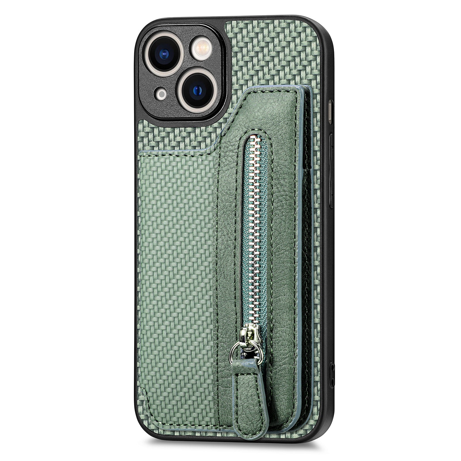 Zipper Pocket Carbon Fiber Phone Case for iPhone 15 , Kickstand PU Leather Coated PC+TPU Cover - Green