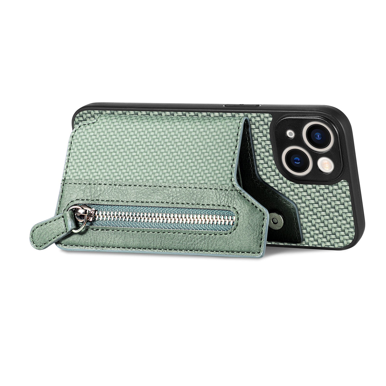 Zipper Pocket Carbon Fiber Phone Case for iPhone 15 , Kickstand PU Leather Coated PC+TPU Cover - Green