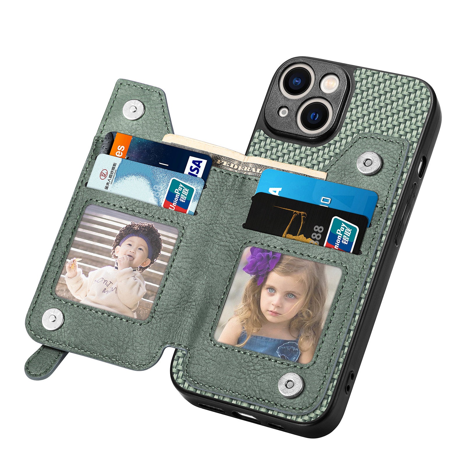 Zipper Pocket Carbon Fiber Phone Case for iPhone 15 , Kickstand PU Leather Coated PC+TPU Cover - Green