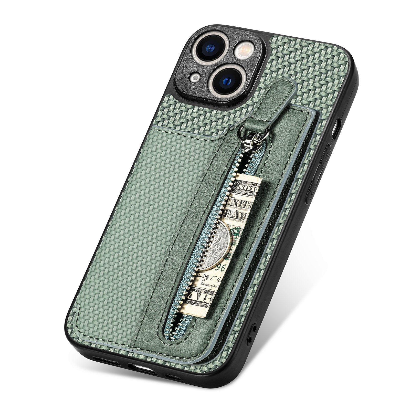 Zipper Pocket Carbon Fiber Phone Case for iPhone 15 , Kickstand PU Leather Coated PC+TPU Cover - Green