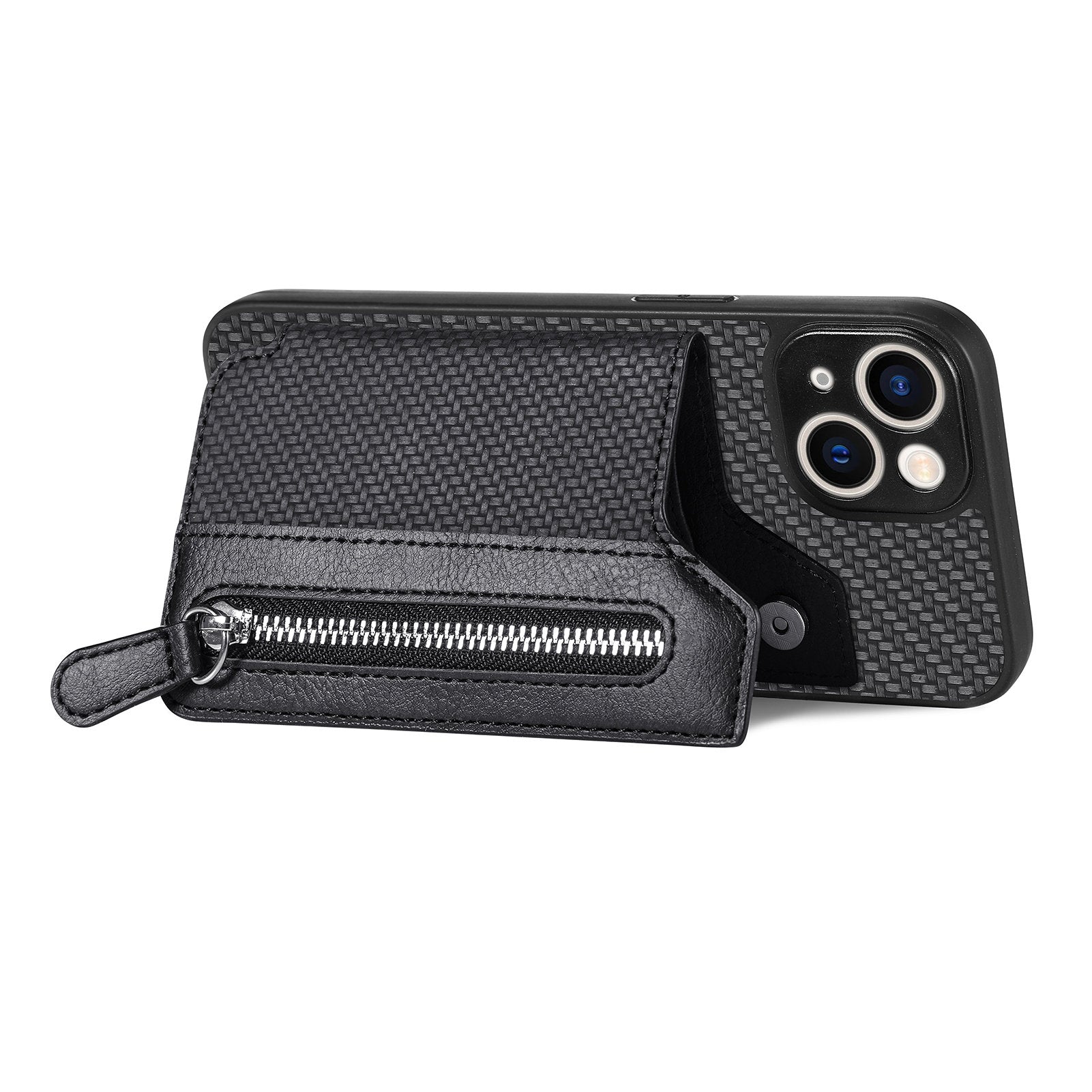 Zipper Pocket Carbon Fiber Phone Case for iPhone 15 , Kickstand PU Leather Coated PC+TPU Cover - Black