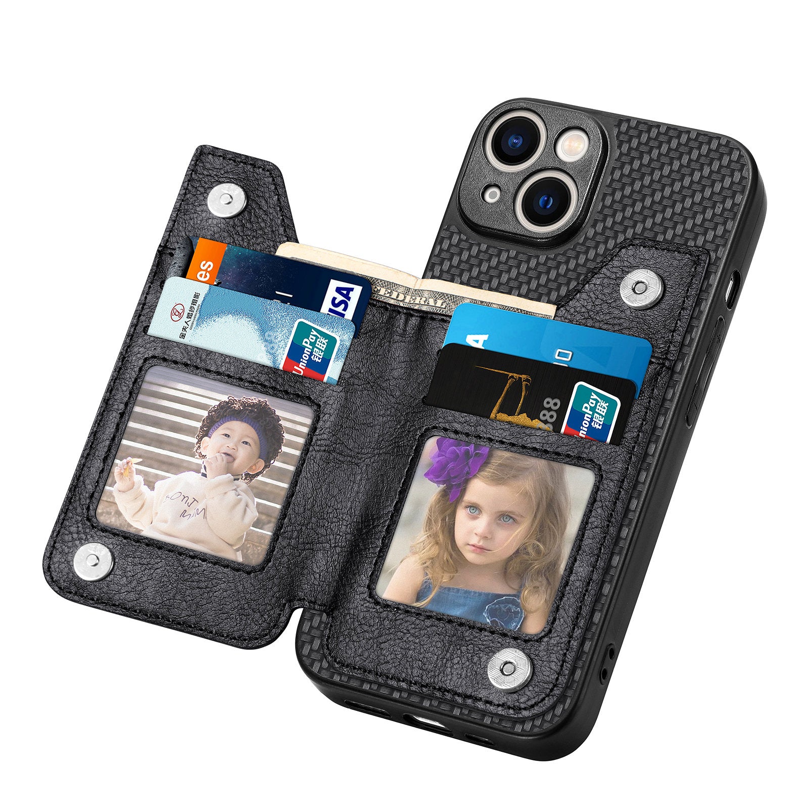 Zipper Pocket Carbon Fiber Phone Case for iPhone 15 , Kickstand PU Leather Coated PC+TPU Cover - Black