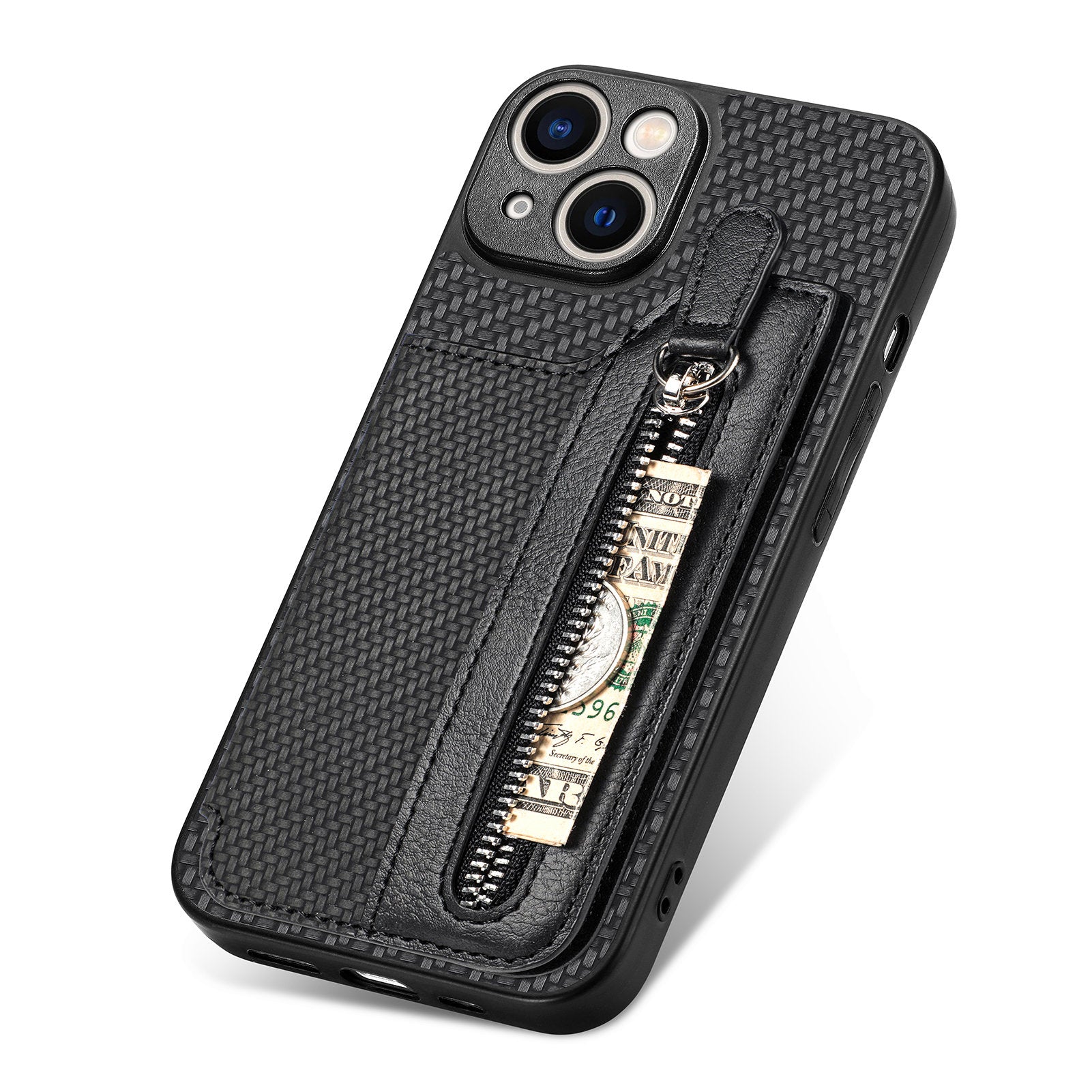 Zipper Pocket Carbon Fiber Phone Case for iPhone 15 , Kickstand PU Leather Coated PC+TPU Cover - Black