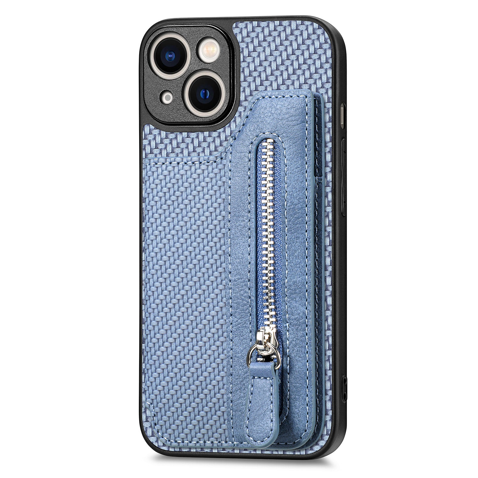 Zipper Pocket Carbon Fiber Phone Case for iPhone 15 , Kickstand PU Leather Coated PC+TPU Cover - Blue