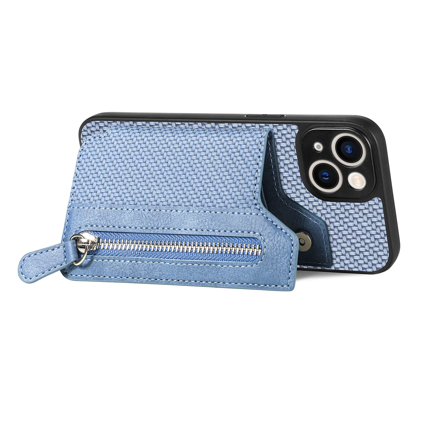 Zipper Pocket Carbon Fiber Phone Case for iPhone 15 , Kickstand PU Leather Coated PC+TPU Cover - Blue