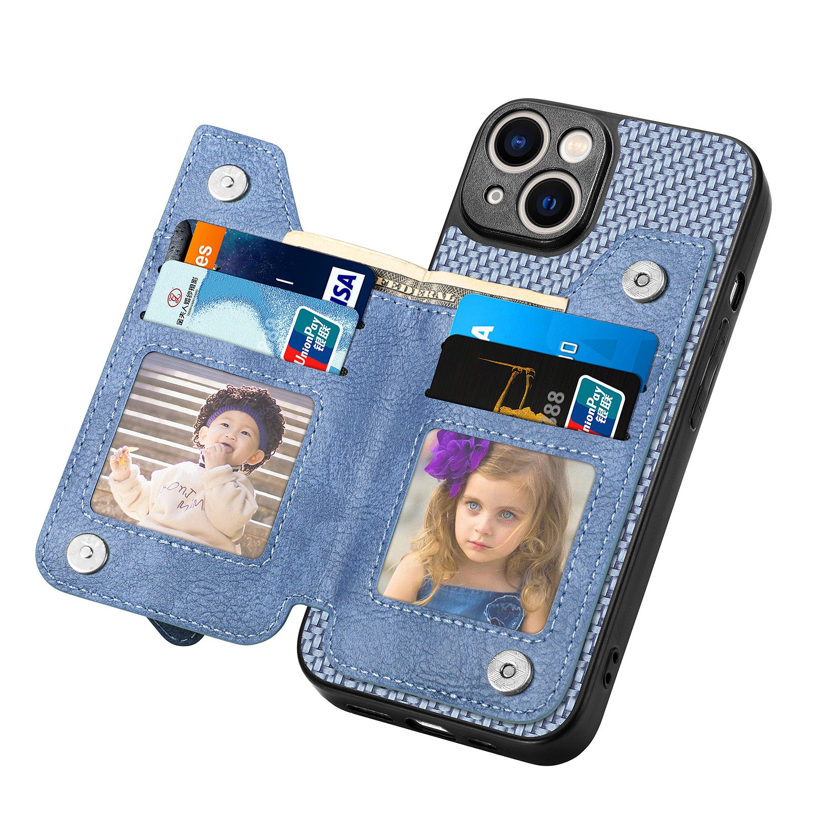 Zipper Pocket Carbon Fiber Phone Case for iPhone 15 , Kickstand PU Leather Coated PC+TPU Cover - Blue