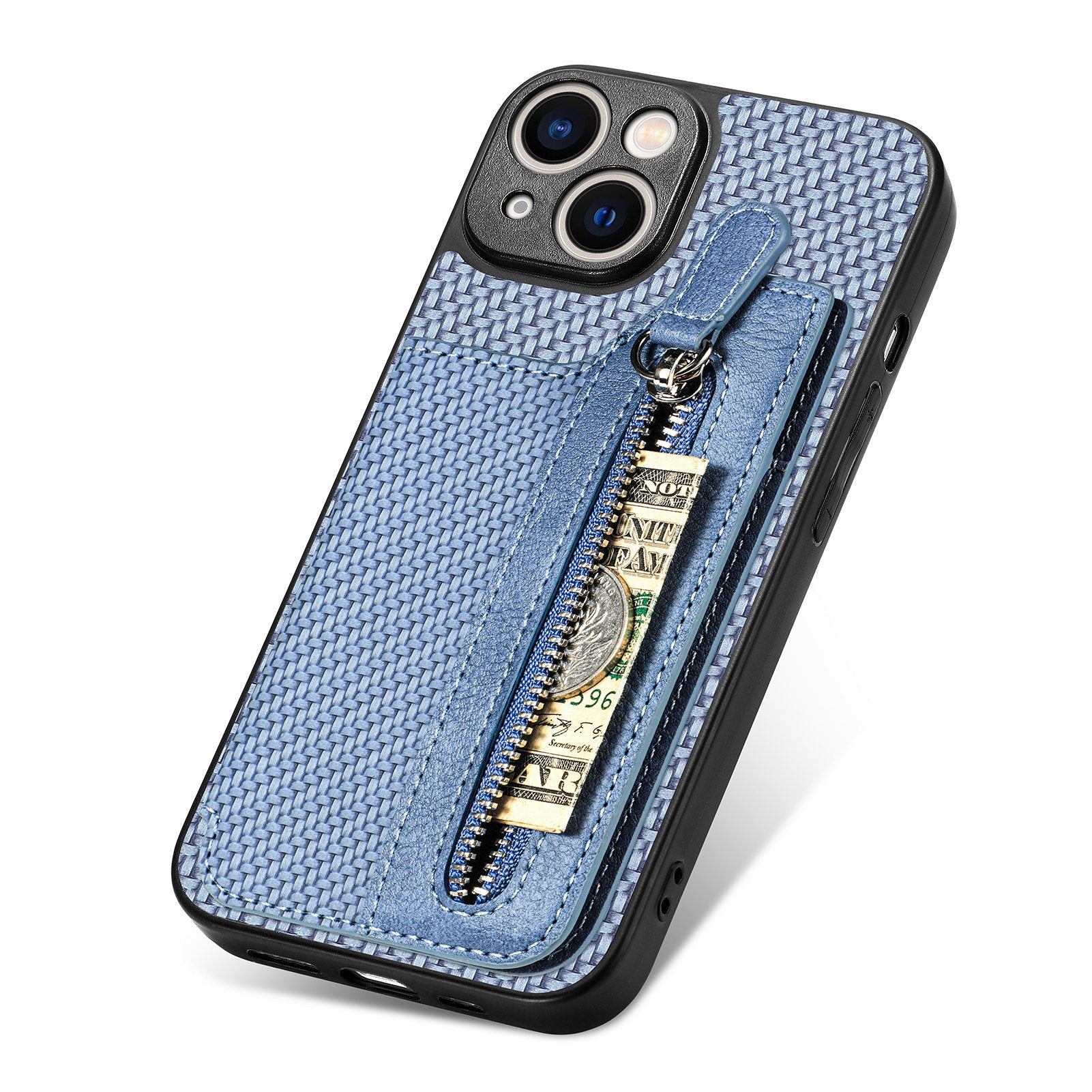 Zipper Pocket Carbon Fiber Phone Case for iPhone 15 , Kickstand PU Leather Coated PC+TPU Cover - Blue