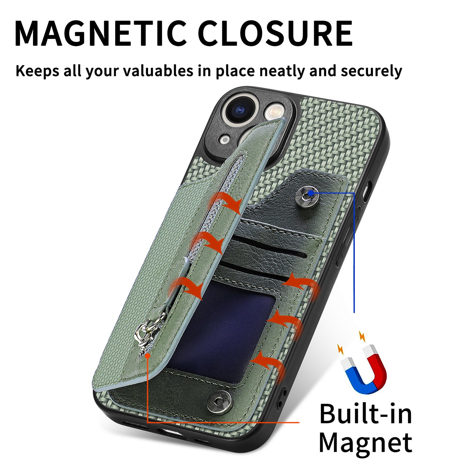 Zipper Pocket Carbon Fiber Phone Case for iPhone 15 , Kickstand PU Leather Coated PC+TPU Cover - Blue