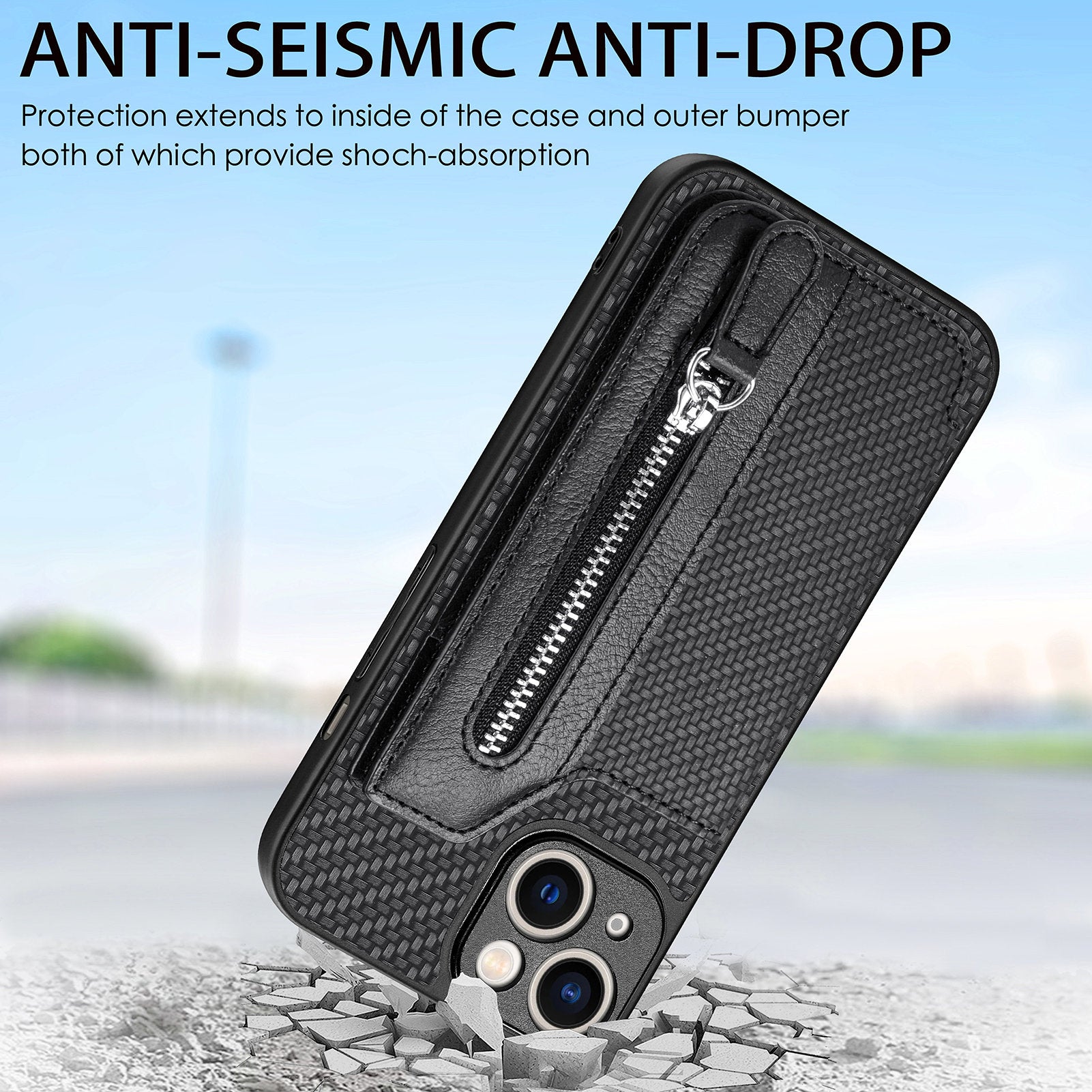 Zipper Pocket Carbon Fiber Phone Case for iPhone 15 , Kickstand PU Leather Coated PC+TPU Cover - Blue