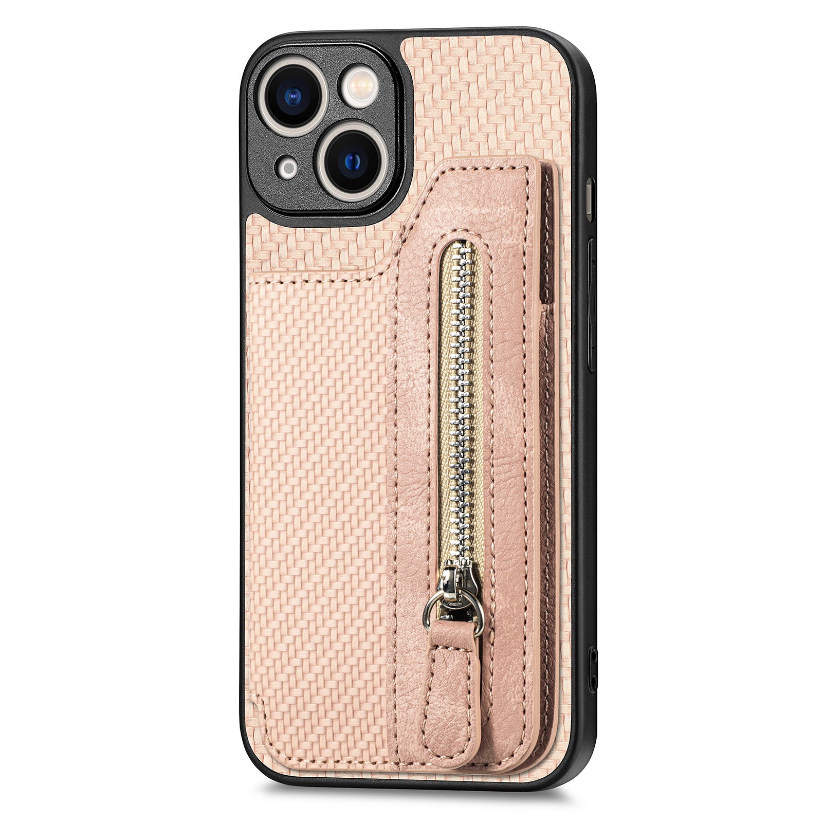 Zipper Pocket Carbon Fiber Phone Case for iPhone 15 , Kickstand PU Leather Coated PC+TPU Cover - Apricot