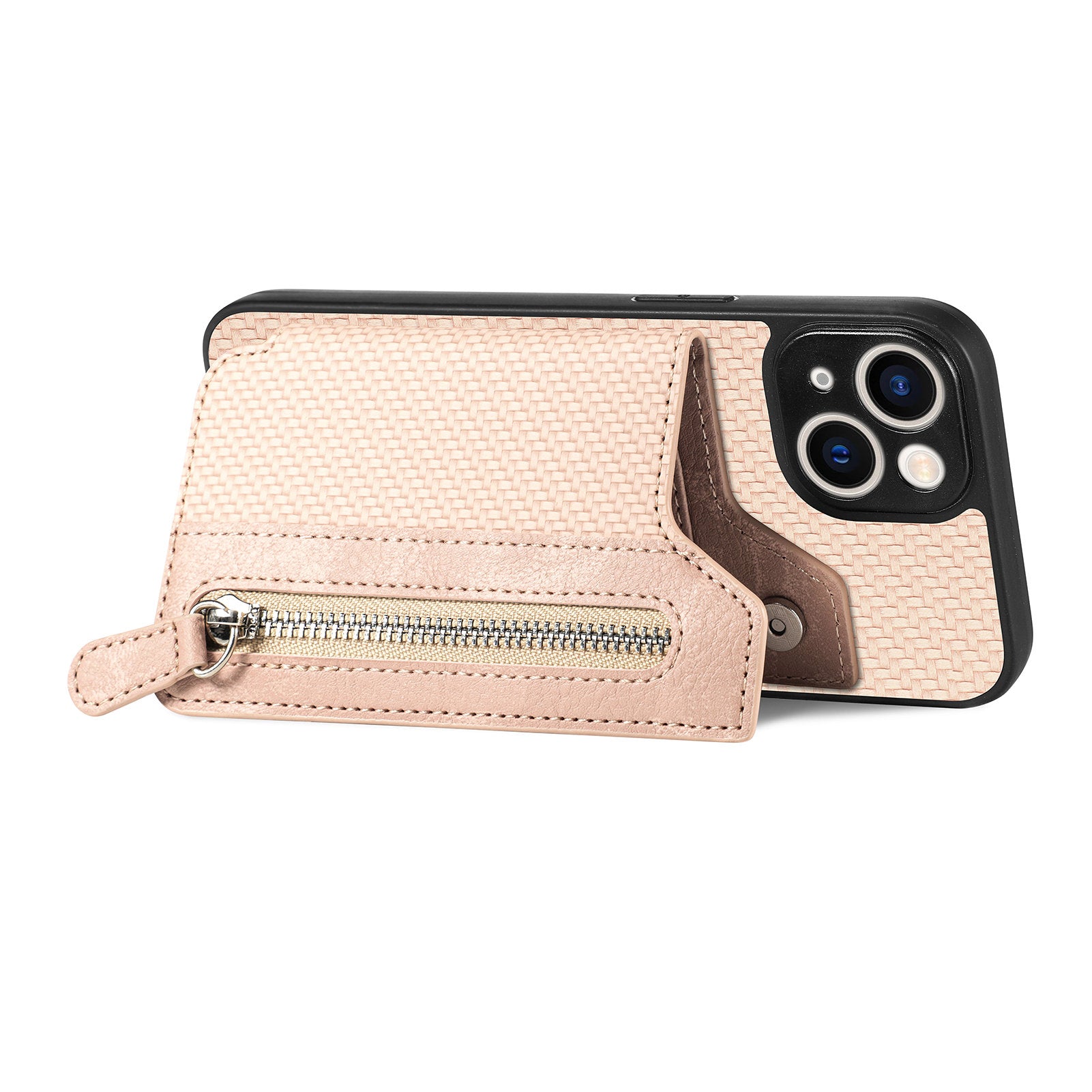 Zipper Pocket Carbon Fiber Phone Case for iPhone 15 , Kickstand PU Leather Coated PC+TPU Cover - Apricot