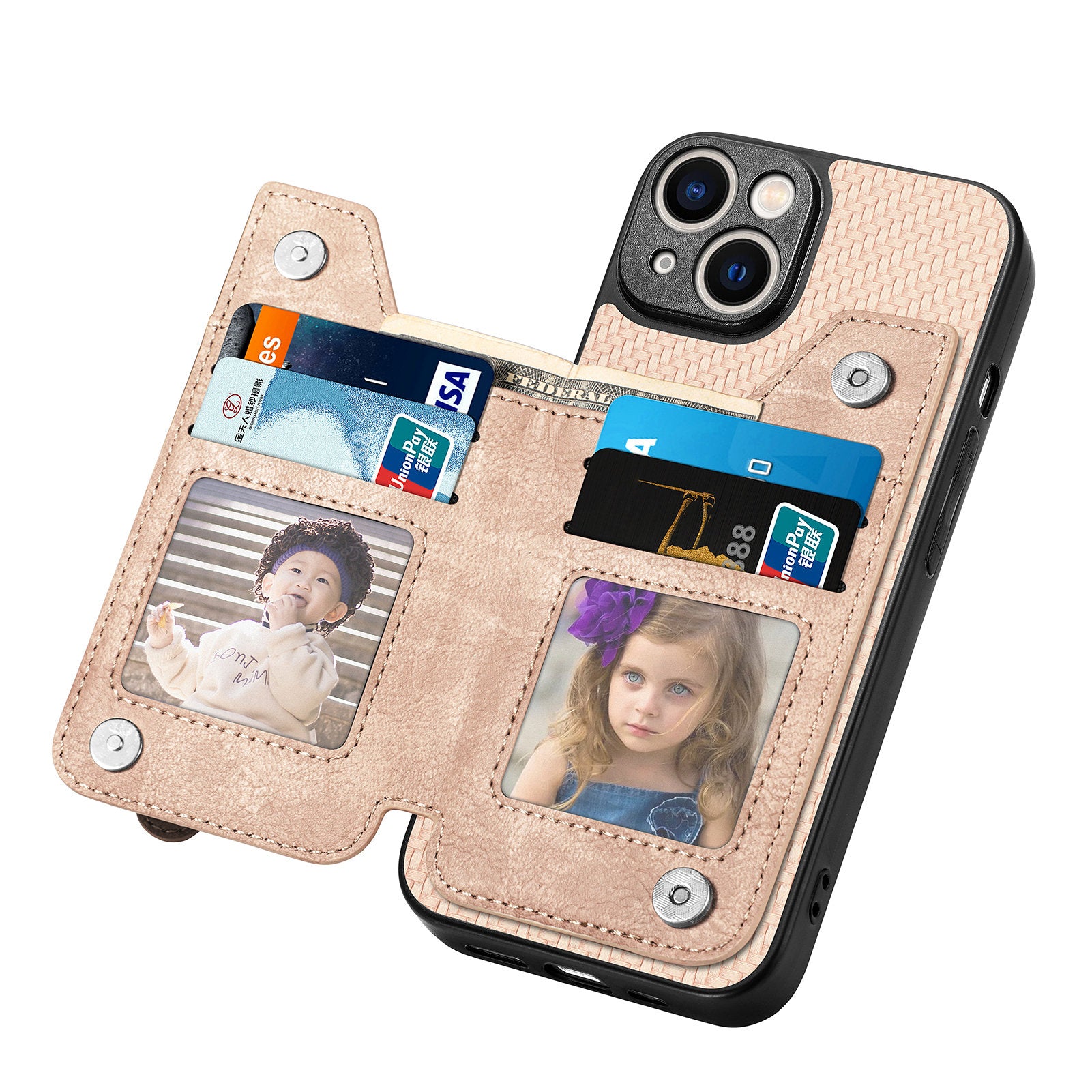 Zipper Pocket Carbon Fiber Phone Case for iPhone 15 , Kickstand PU Leather Coated PC+TPU Cover - Apricot