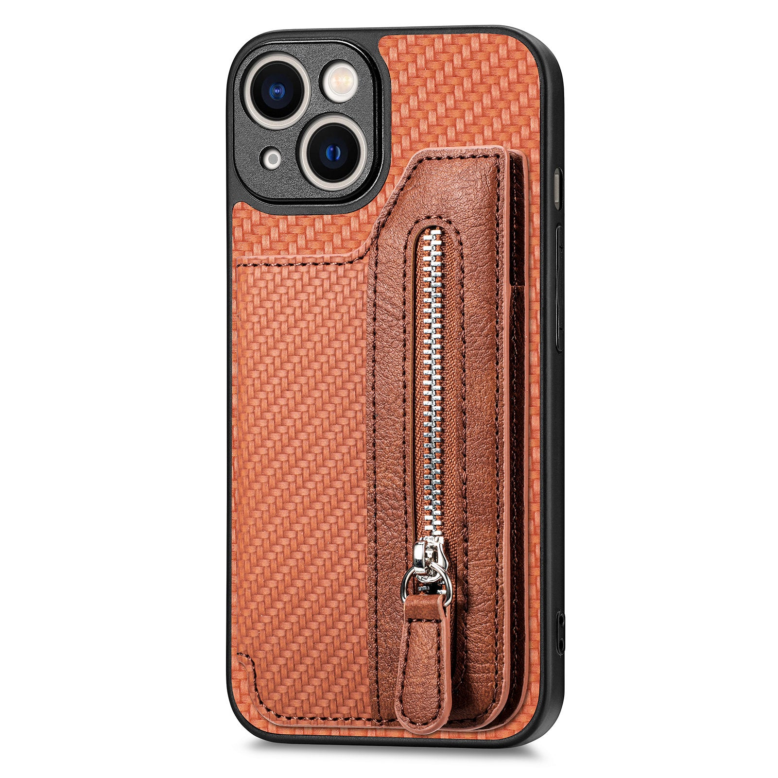 Zipper Pocket Carbon Fiber Phone Case for iPhone 15 , Kickstand PU Leather Coated PC+TPU Cover - Brown
