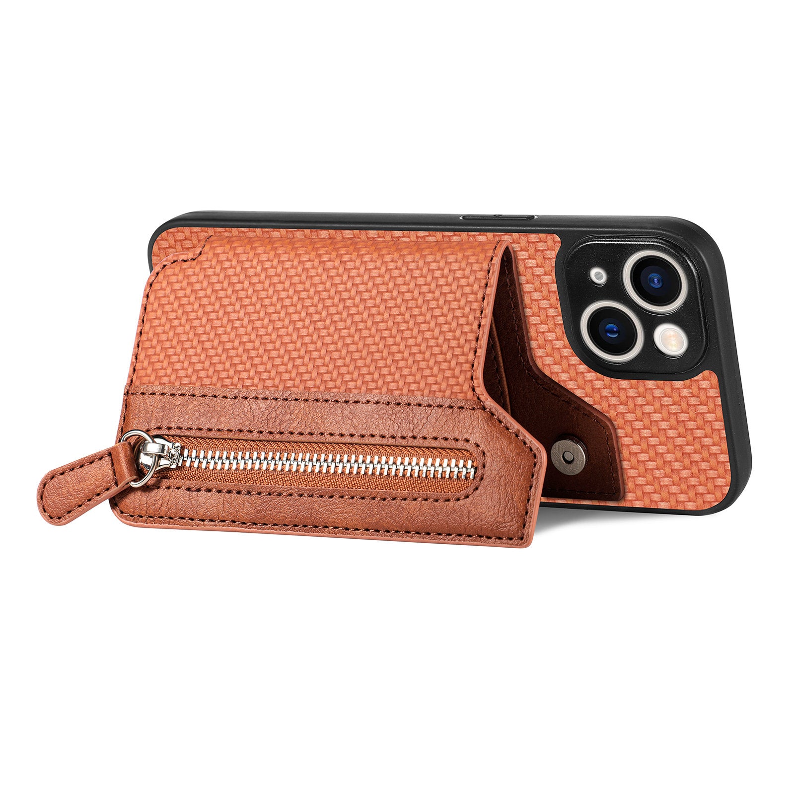 Zipper Pocket Carbon Fiber Phone Case for iPhone 15 , Kickstand PU Leather Coated PC+TPU Cover - Brown