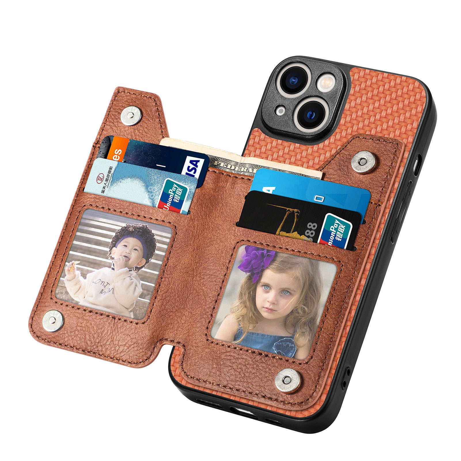 Zipper Pocket Carbon Fiber Phone Case for iPhone 15 , Kickstand PU Leather Coated PC+TPU Cover - Brown
