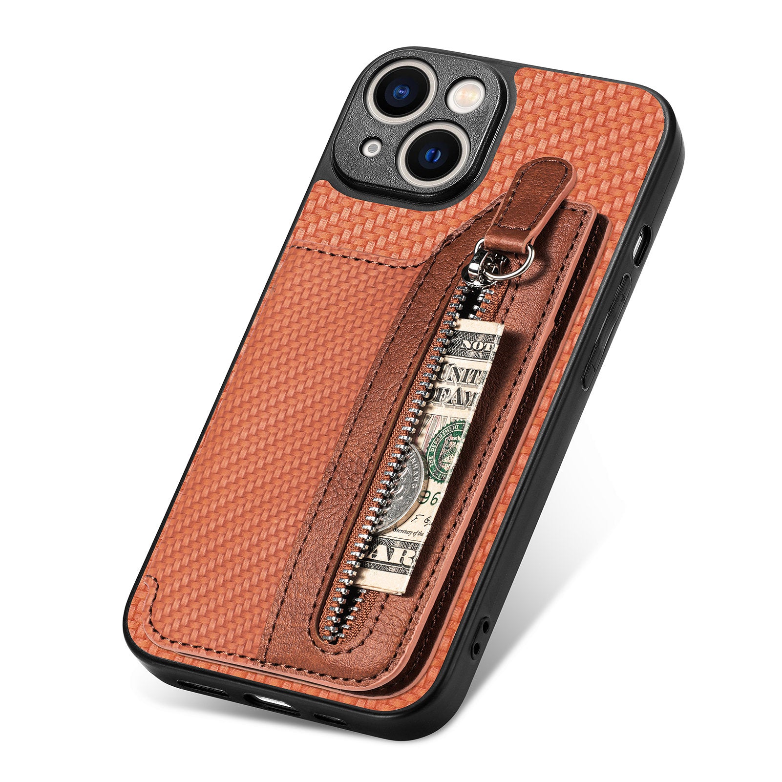 Zipper Pocket Carbon Fiber Phone Case for iPhone 15 , Kickstand PU Leather Coated PC+TPU Cover - Brown