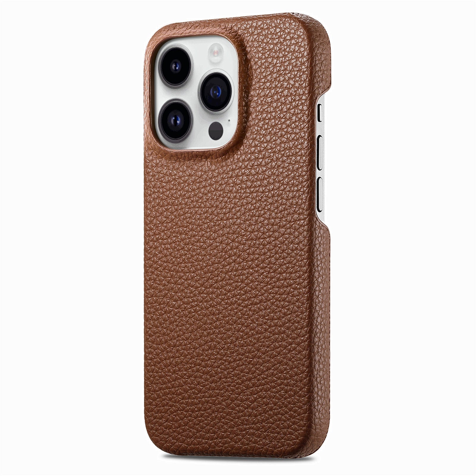 Back Case for iPhone 15 Pro Anti-fingerprint Solid Color Litchi Texture PU Leather Coated PC Phone Cover - Brown