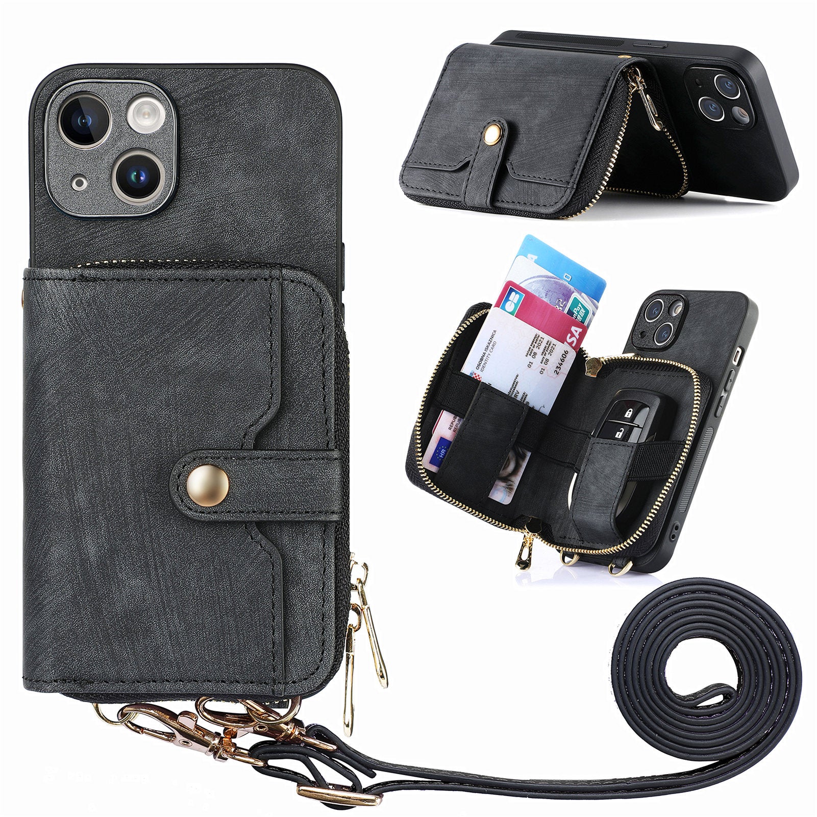 Zipper Wallet Phone Cover for iPhone 15 Plus , Leather Coated PC+TPU Kickstand Case with Lanyard - Black