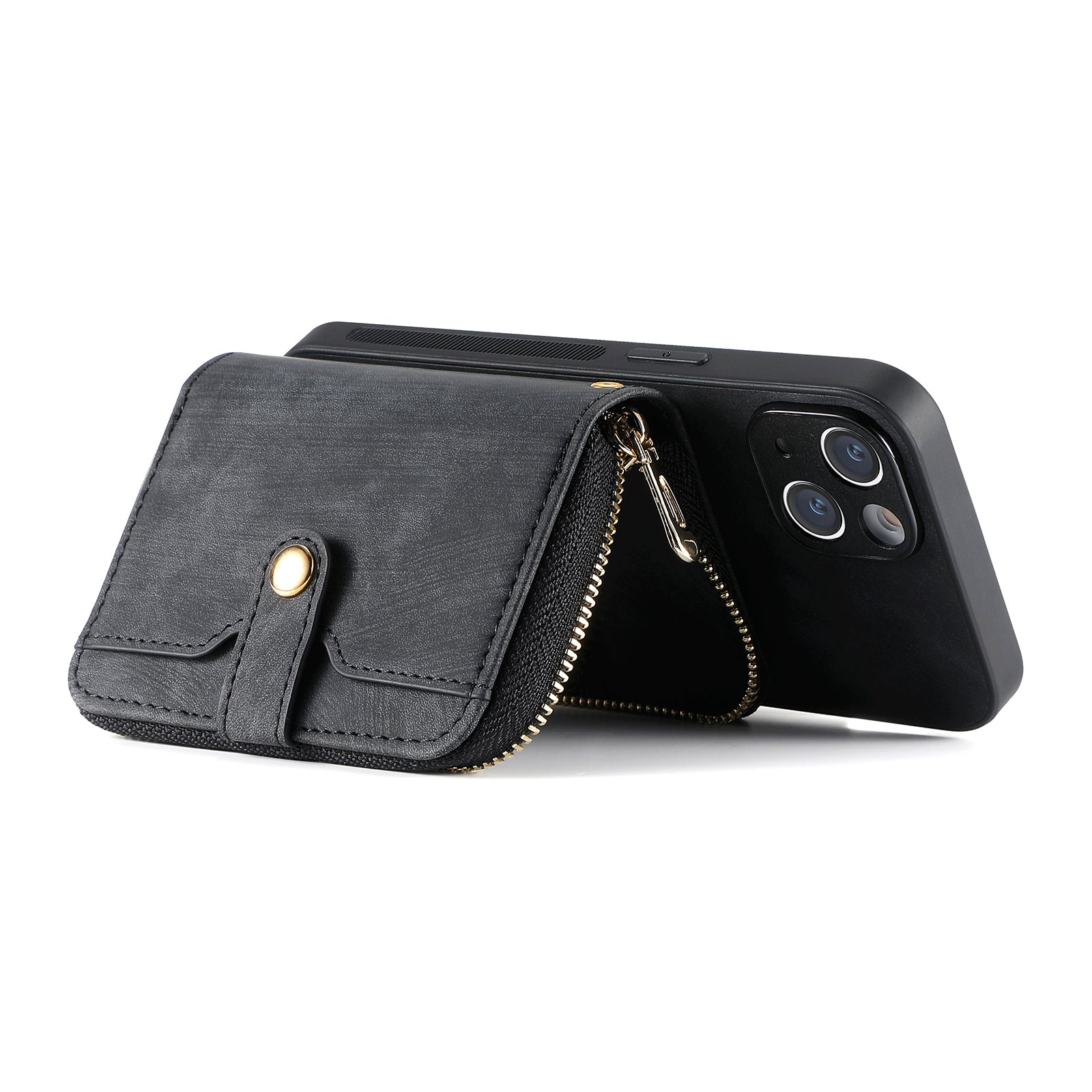Zipper Wallet Phone Cover for iPhone 15 Plus , Leather Coated PC+TPU Kickstand Case with Lanyard - Black