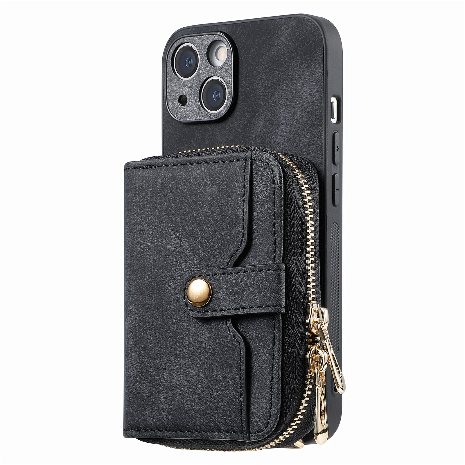 Zipper Wallet Phone Cover for iPhone 15 Plus , Leather Coated PC+TPU Kickstand Case with Lanyard - Black