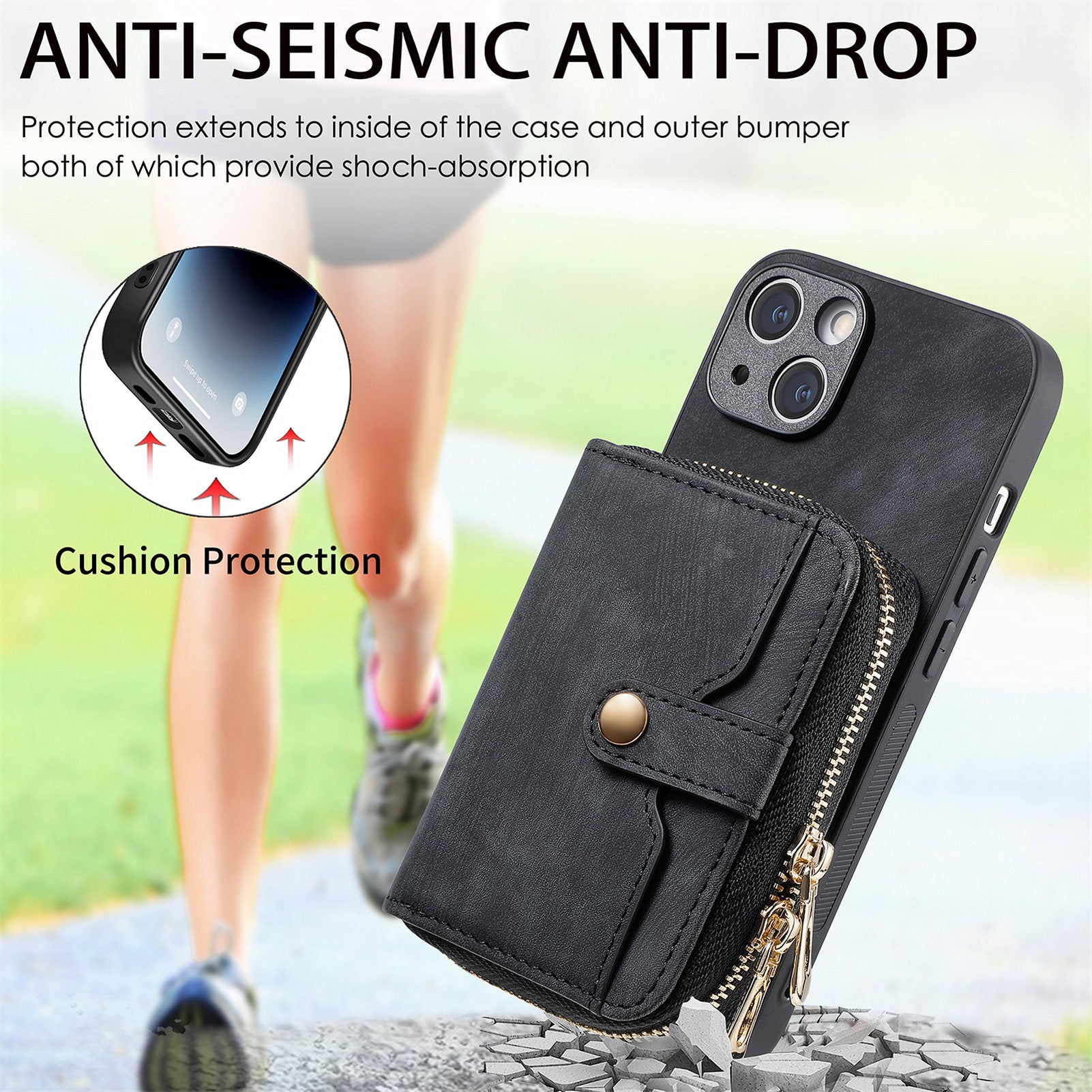 Zipper Wallet Phone Cover for iPhone 15 Plus , Leather Coated PC+TPU Kickstand Case with Lanyard - Black